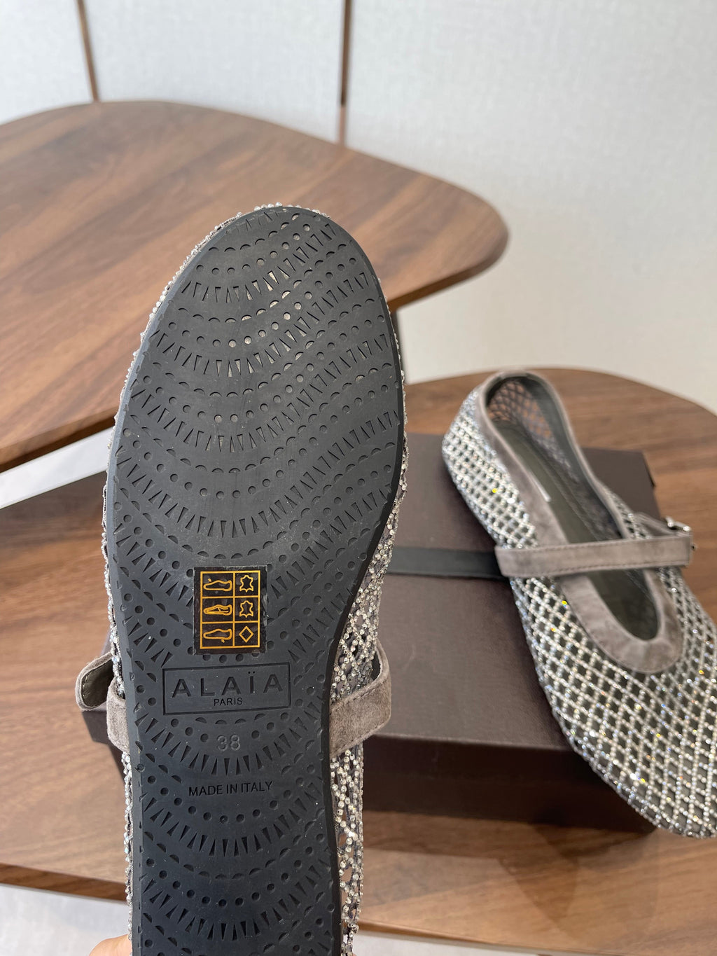 ALAIA 26S MESH FLATS IN BROWN GREY SUEDE RHINESTONE-EMBELLISHED