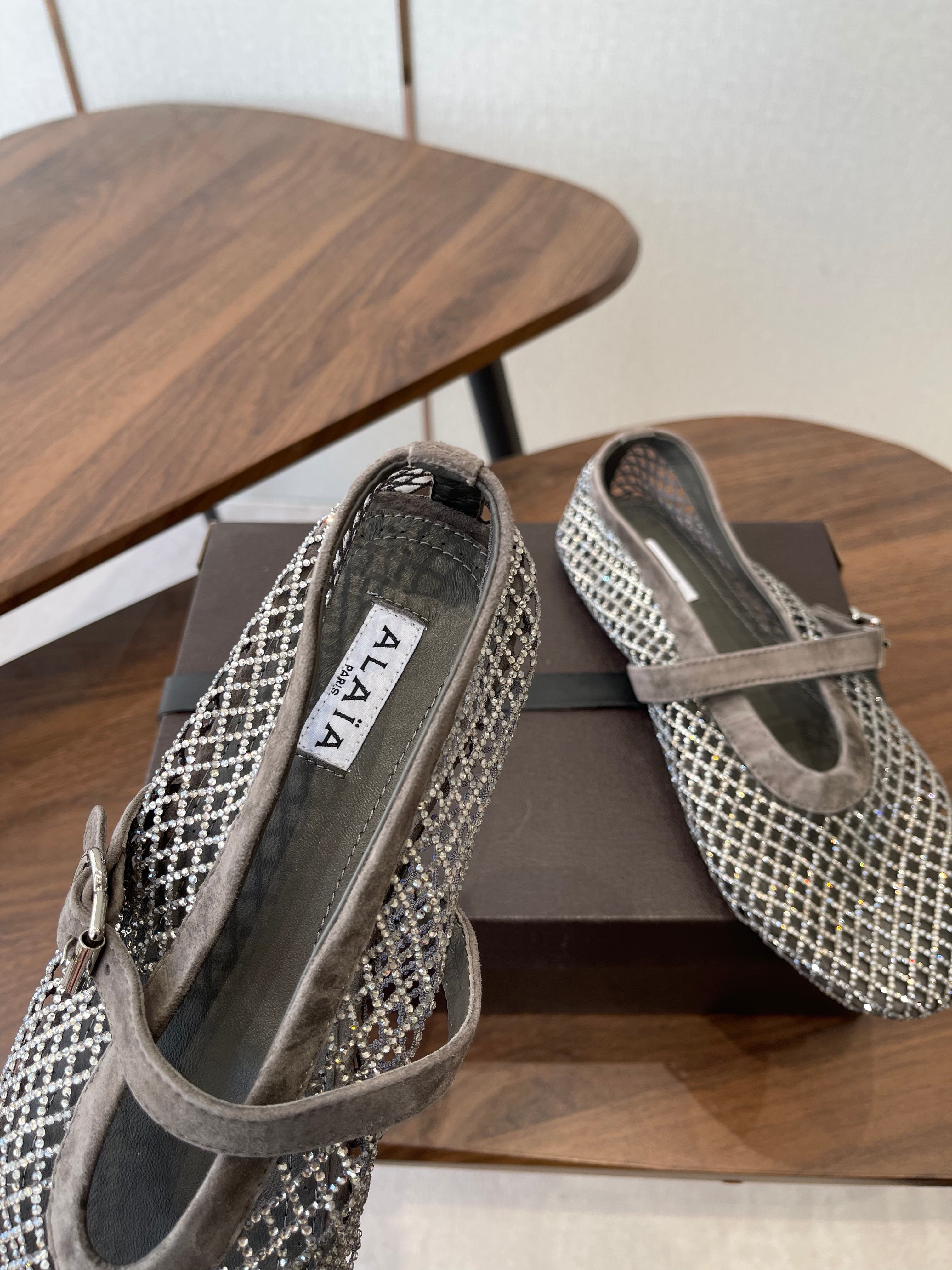 ALAIA 26S MESH FLATS IN BROWN GREY SUEDE RHINESTONE-EMBELLISHED