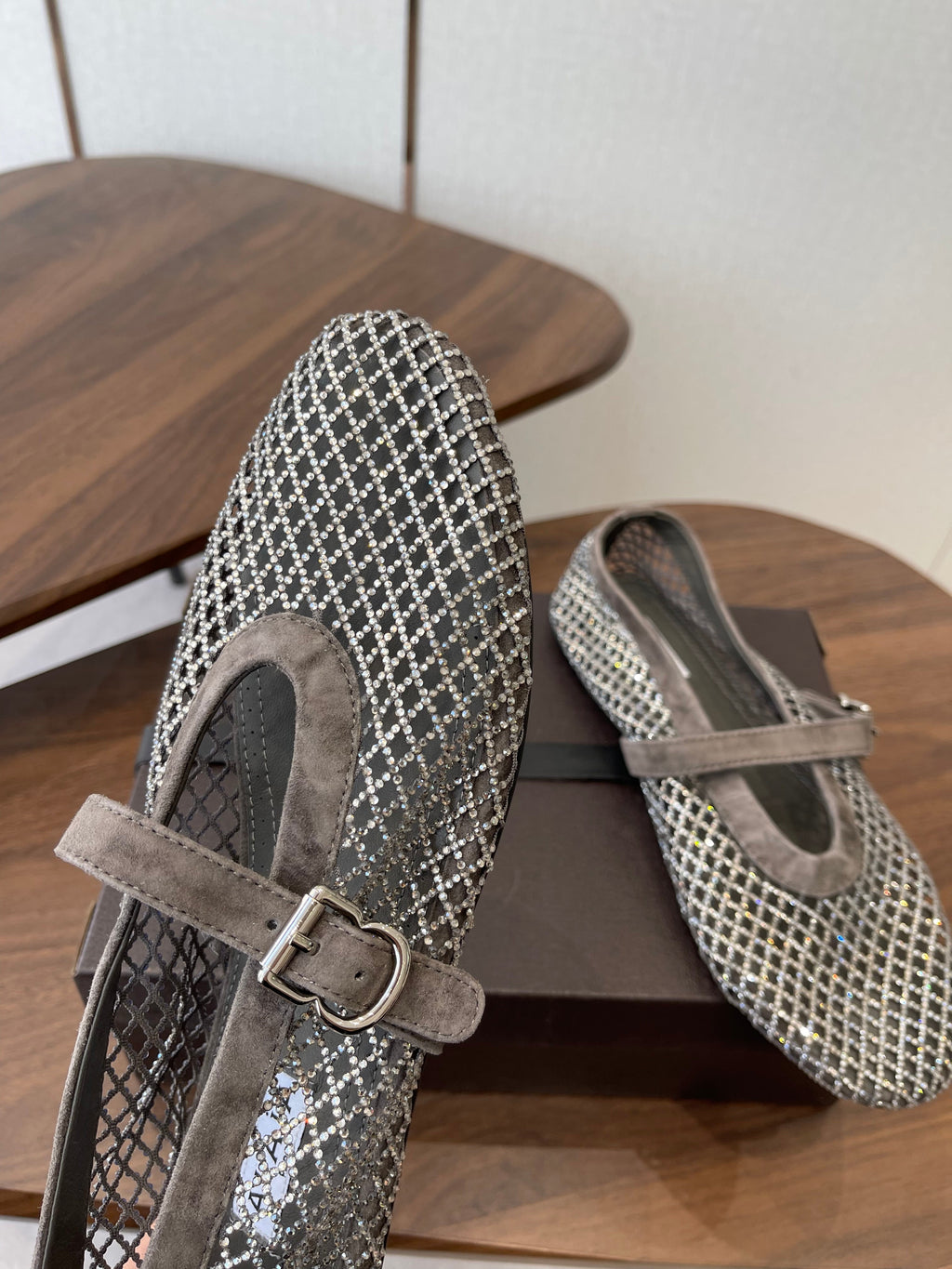 ALAIA 26S MESH FLATS IN BROWN GREY SUEDE RHINESTONE-EMBELLISHED