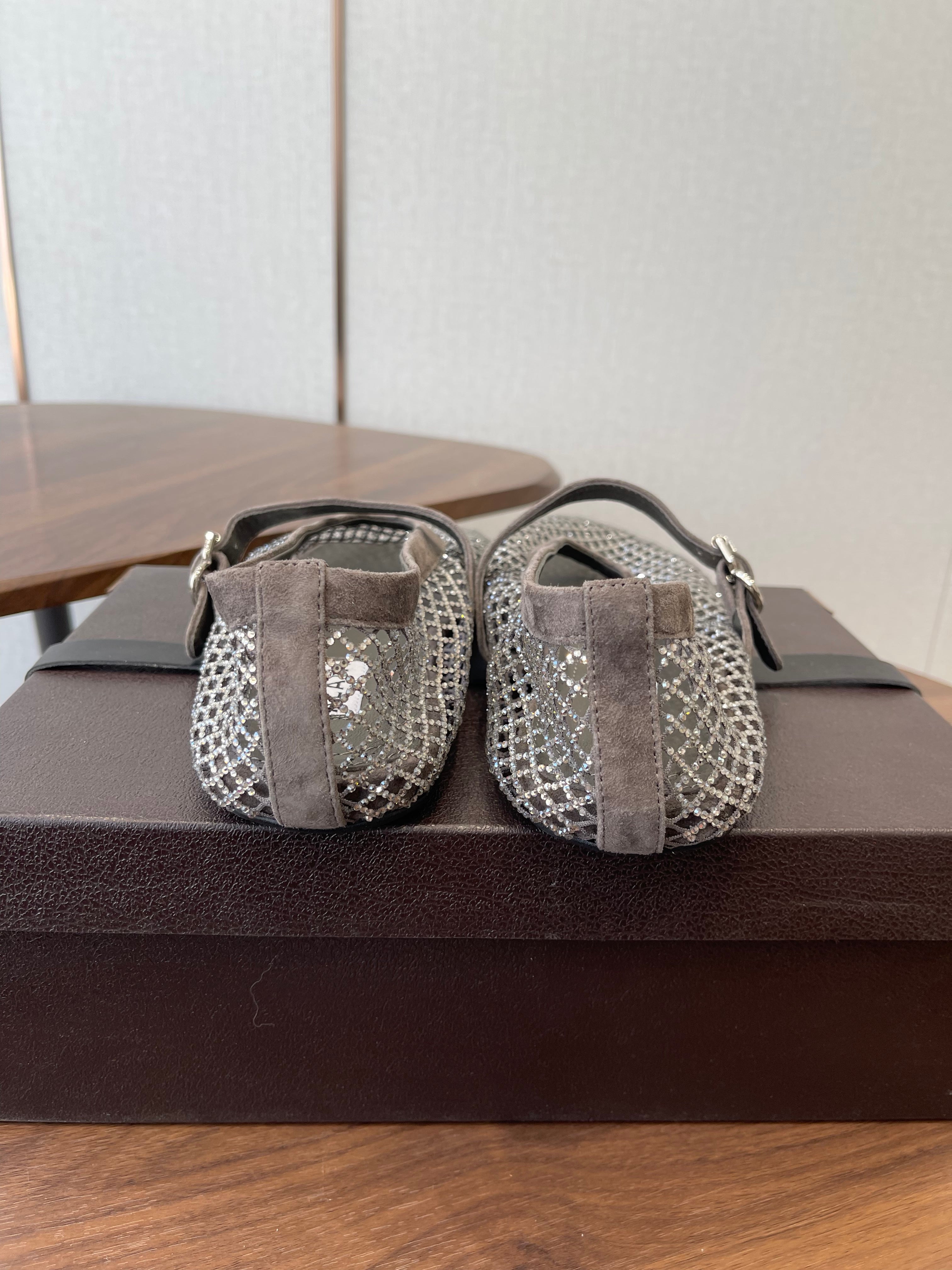 ALAIA 26S MESH FLATS IN BROWN GREY SUEDE RHINESTONE-EMBELLISHED