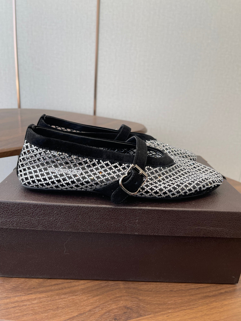 ALAIA 26S MESH FLATS IN BLACK SUEDE AND WHITE RHINESTONE-EMBELLISHED