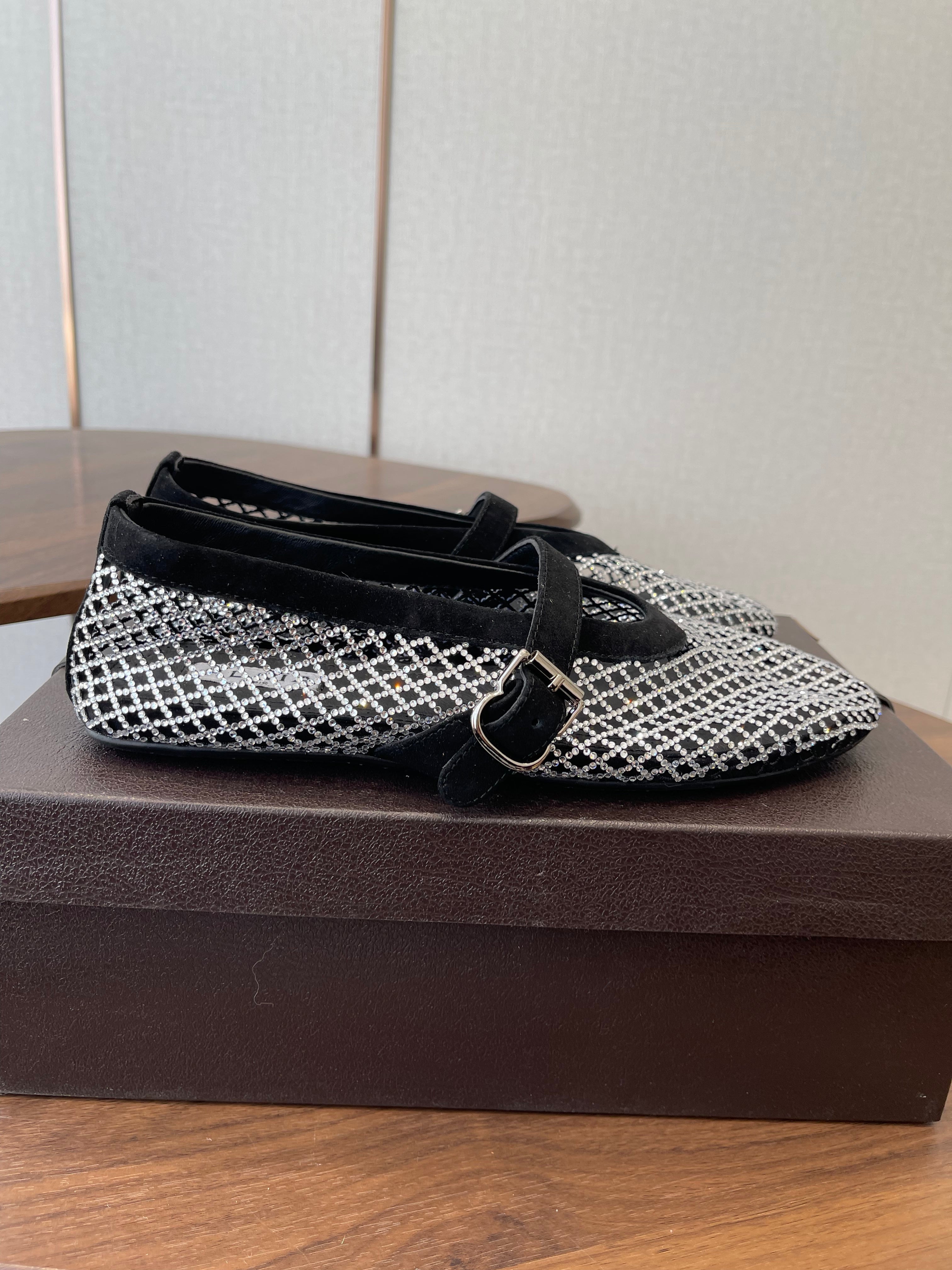 ALAIA 26S MESH FLATS IN BLACK SUEDE AND WHITE RHINESTONE-EMBELLISHED