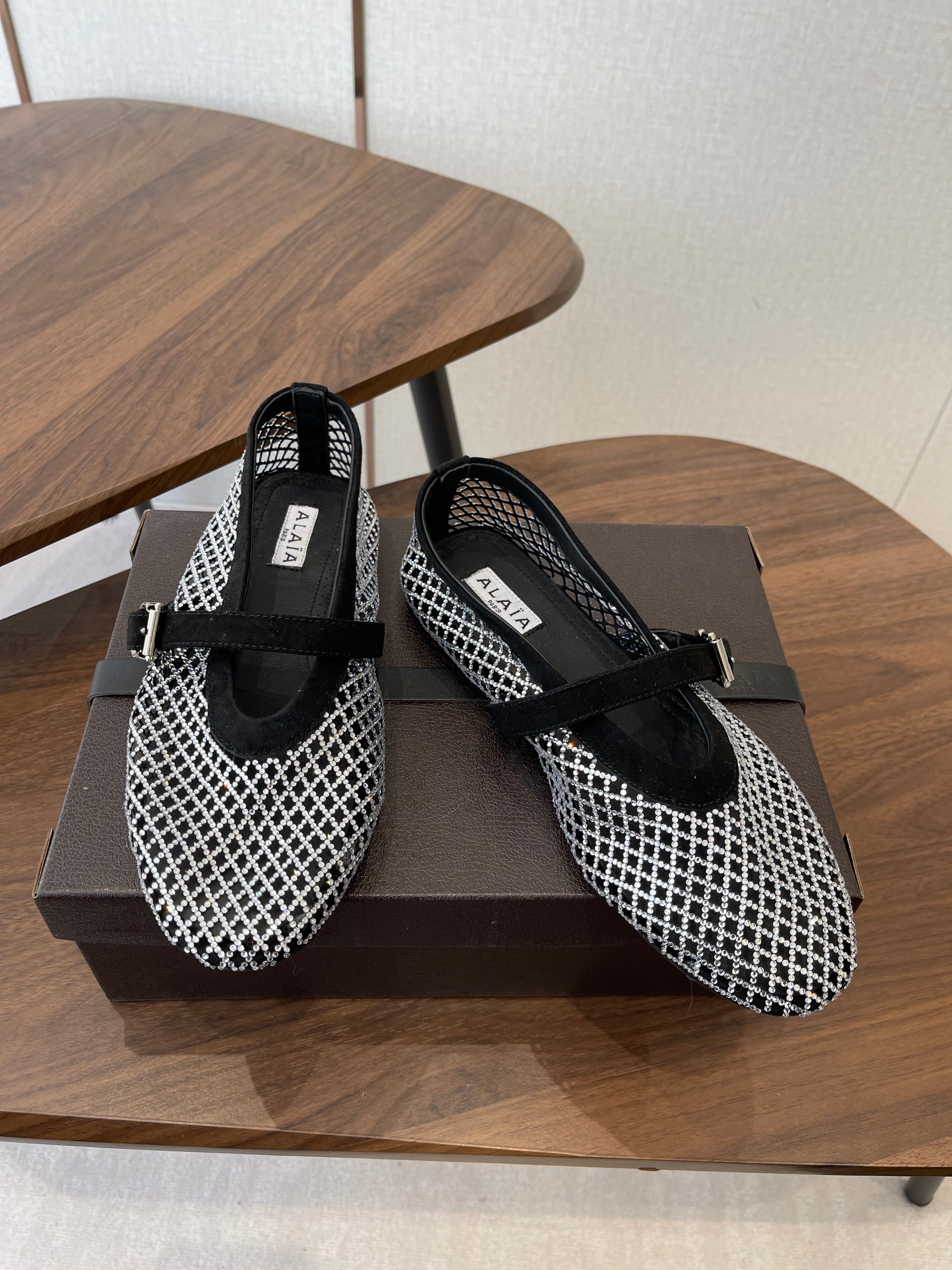ALAIA 26S MESH FLATS IN BLACK SUEDE AND WHITE RHINESTONE-EMBELLISHED