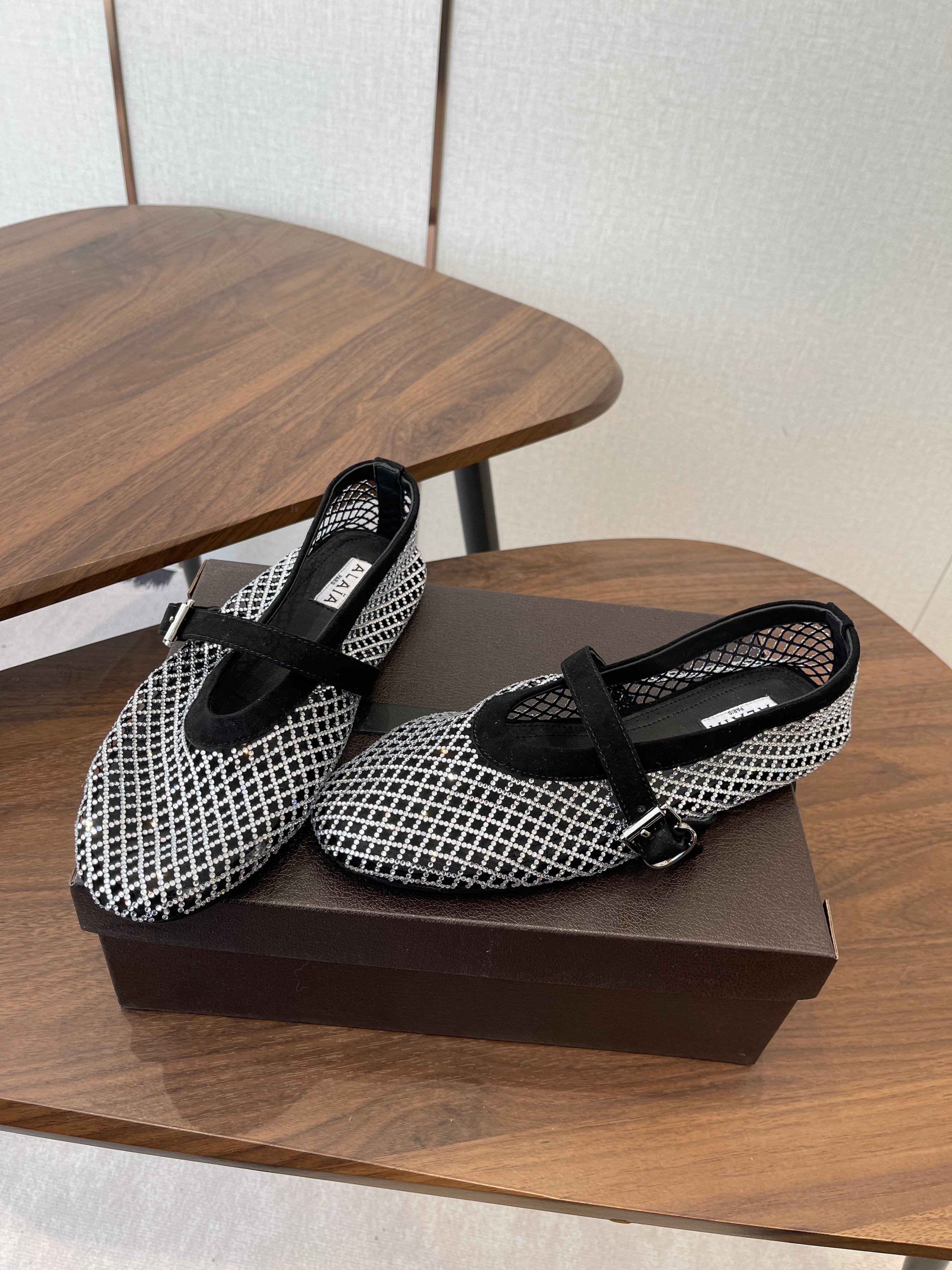 ALAIA 26S MESH FLATS IN BLACK SUEDE AND WHITE RHINESTONE-EMBELLISHED