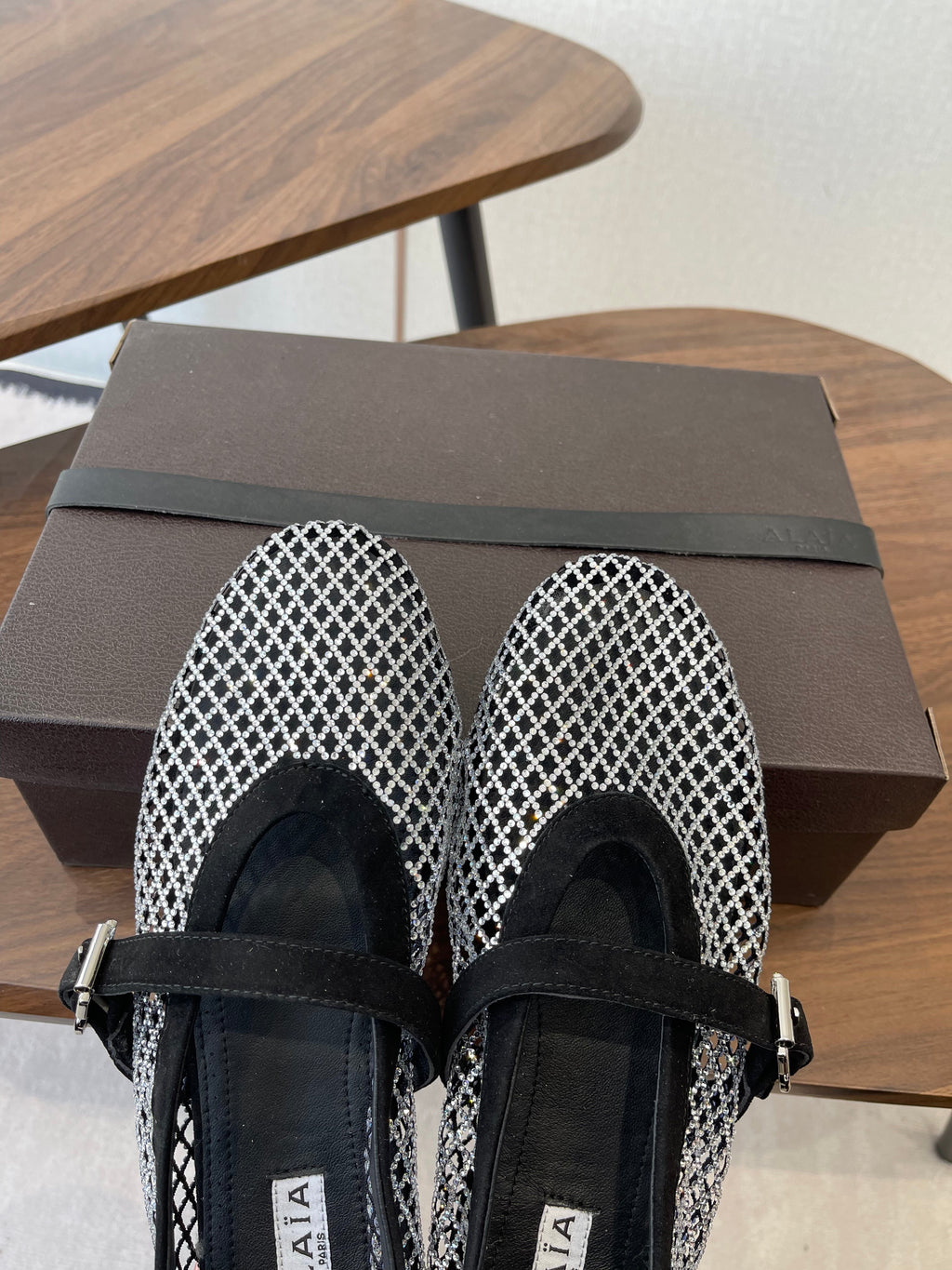 ALAIA 26S MESH FLATS IN BLACK SUEDE AND WHITE RHINESTONE-EMBELLISHED