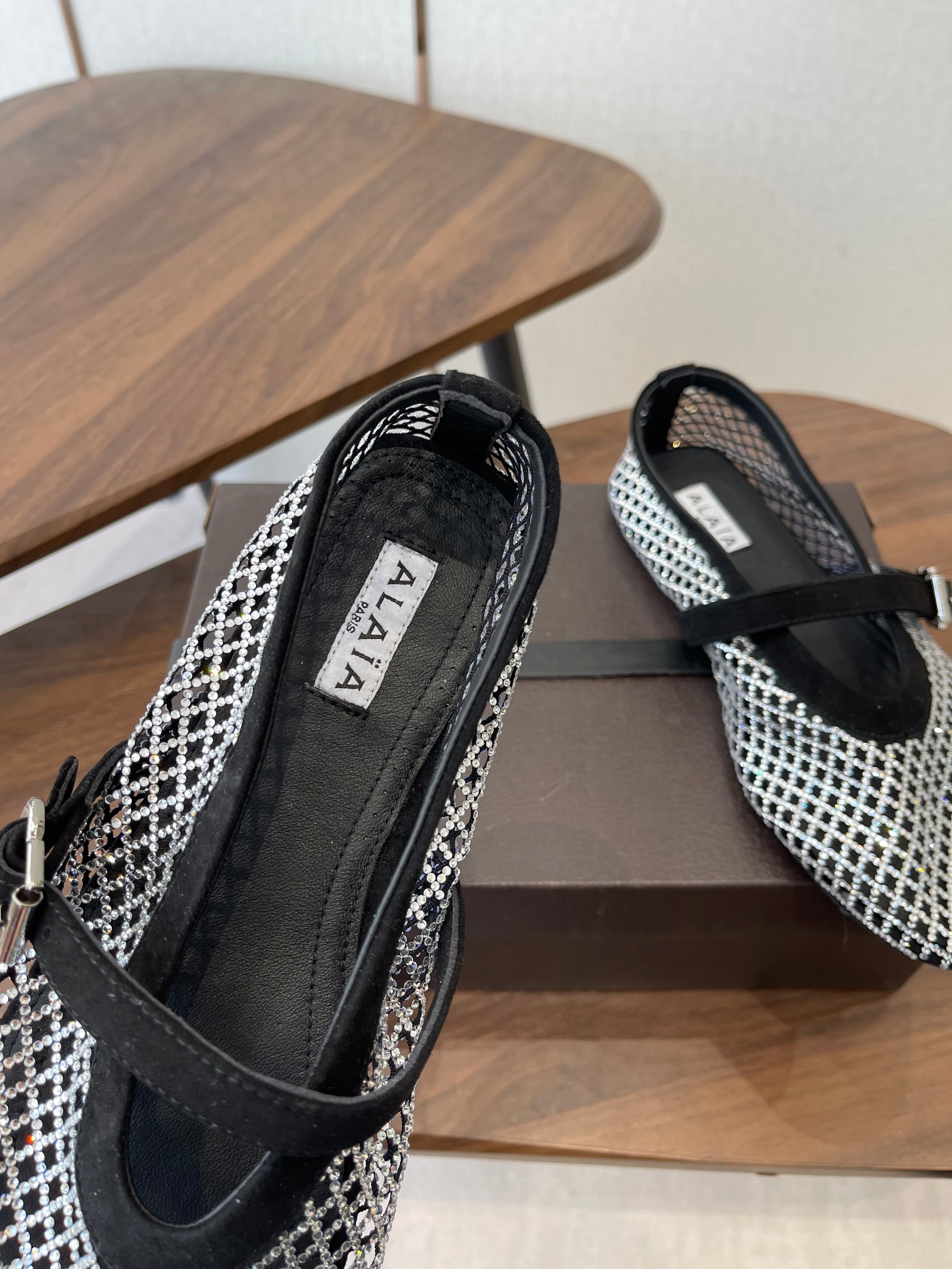 ALAIA 26S MESH FLATS IN BLACK SUEDE AND WHITE RHINESTONE-EMBELLISHED