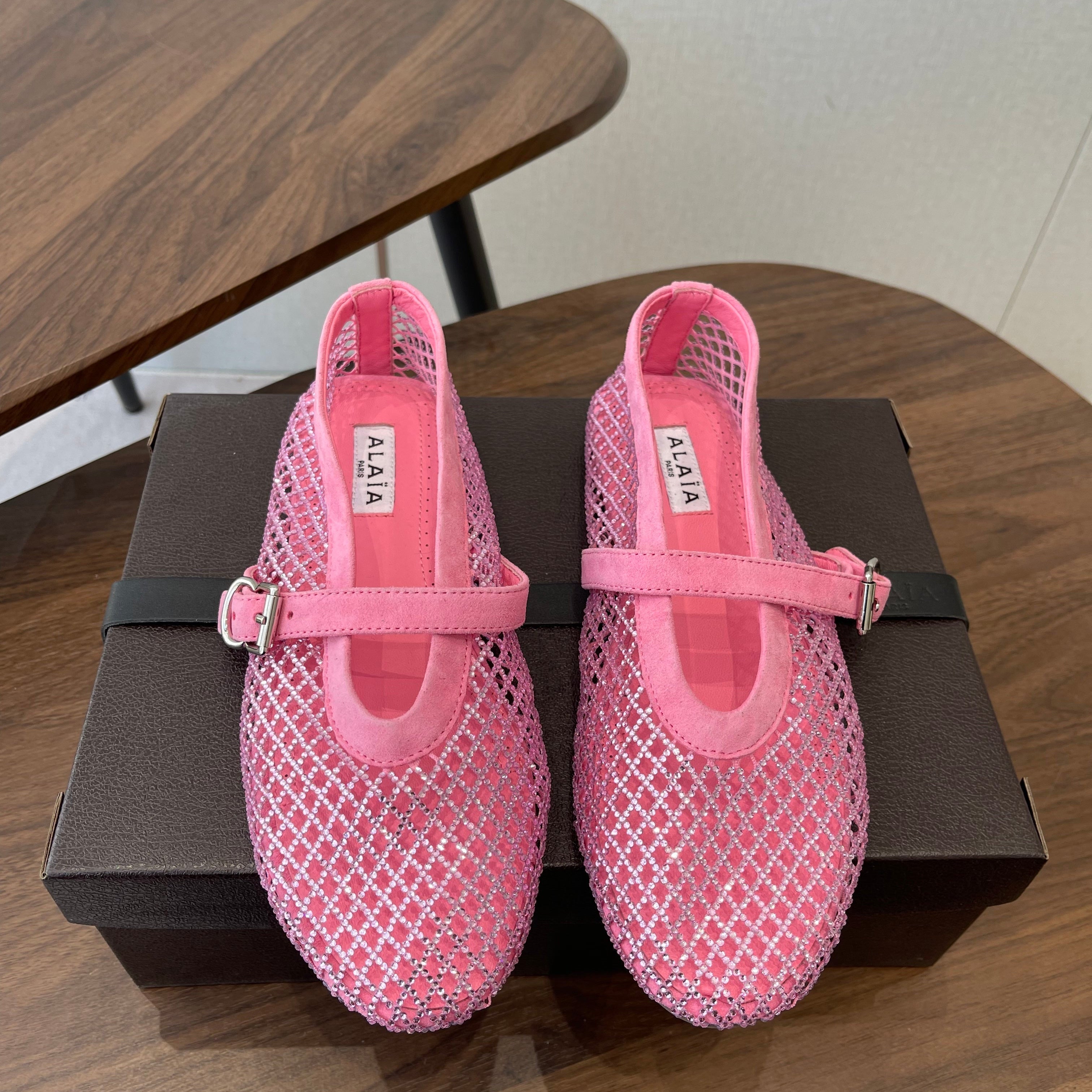 ALAIA 26S MESH FLATS IN PINK SUEDE RHINESTONE-EMBELLISHED