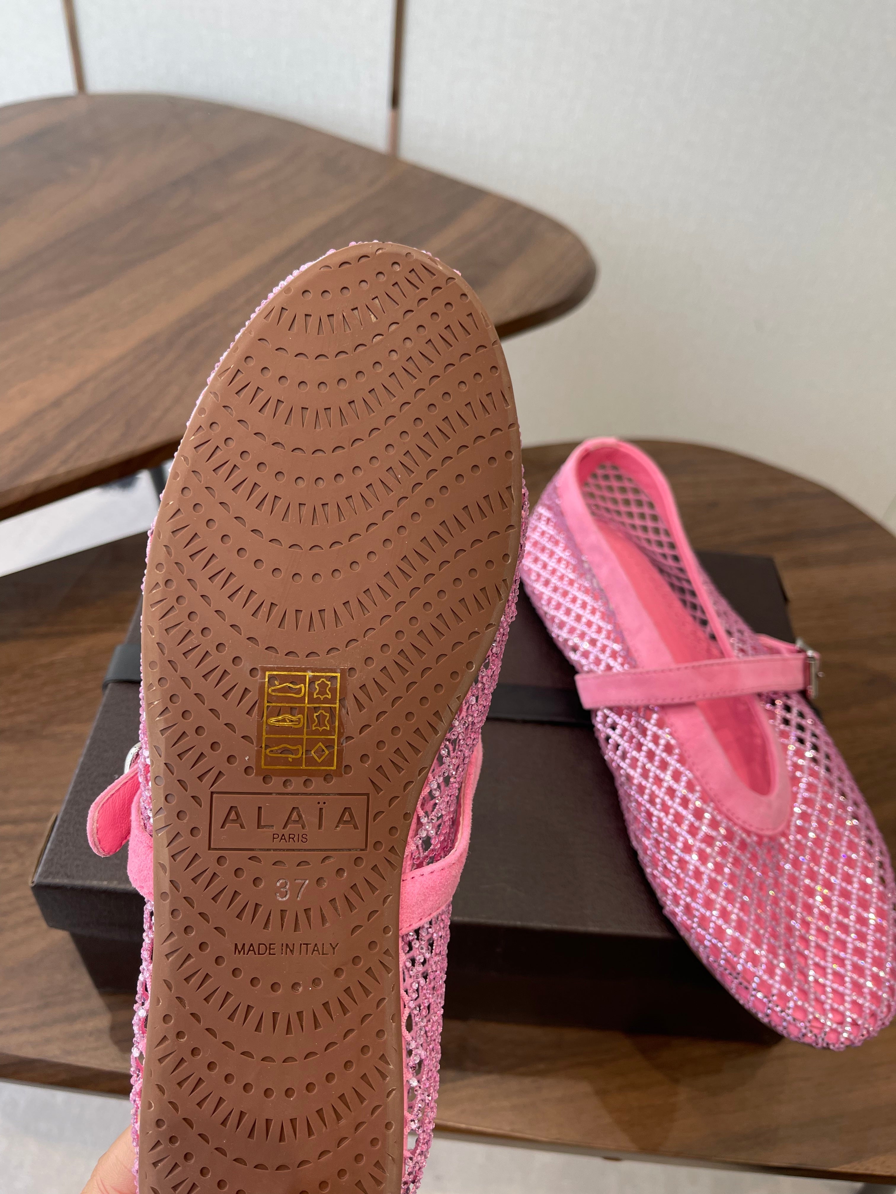 ALAIA 26S MESH FLATS IN PINK SUEDE RHINESTONE-EMBELLISHED