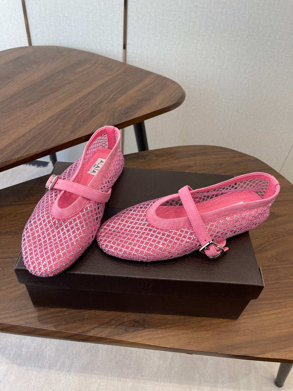 ALAIA 26S MESH FLATS IN PINK SUEDE RHINESTONE-EMBELLISHED