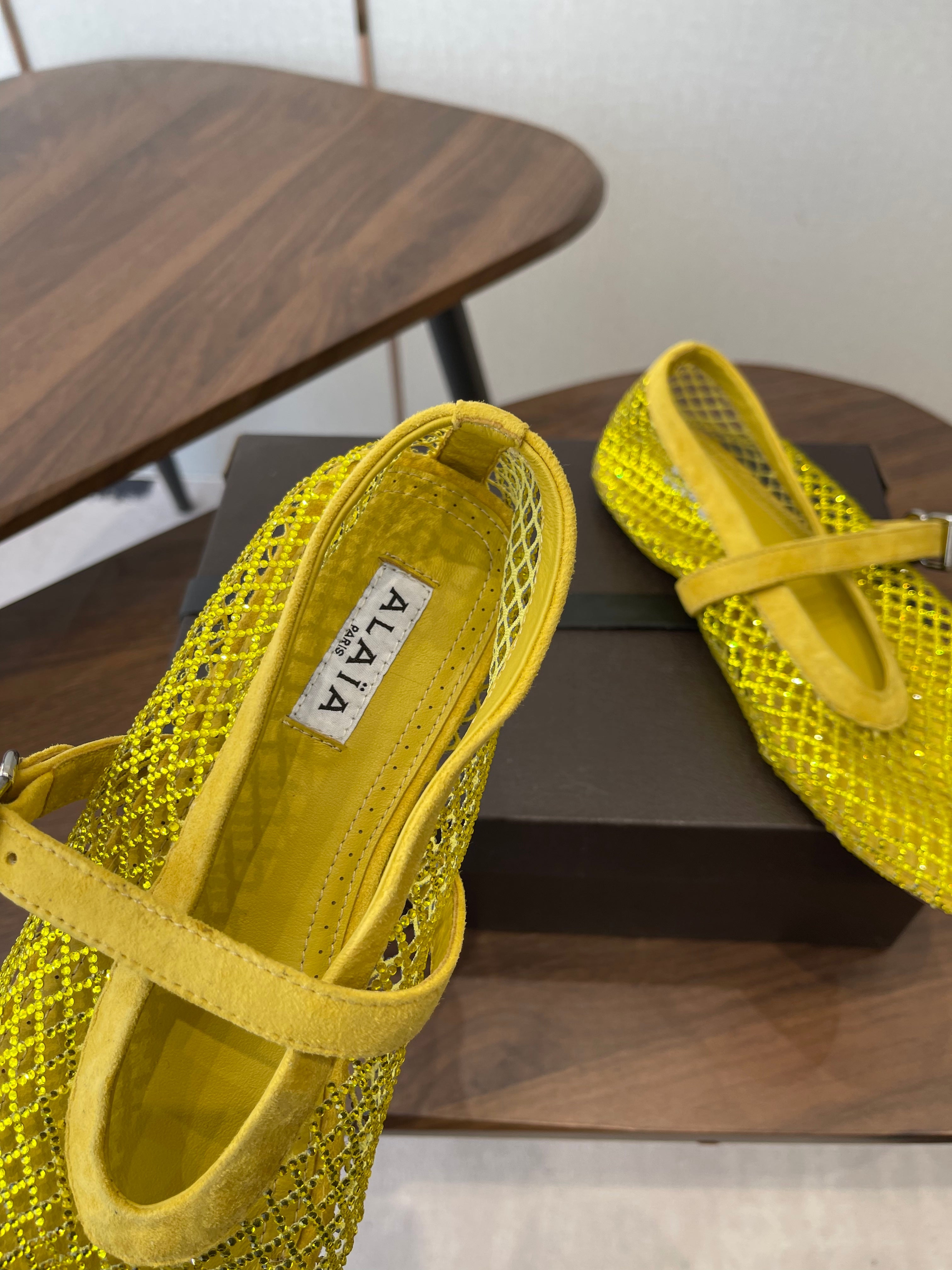 ALAIA 26S MESH FLATS IN DARK YELLOW SUEDE RHINESTONE-EMBELLISHED