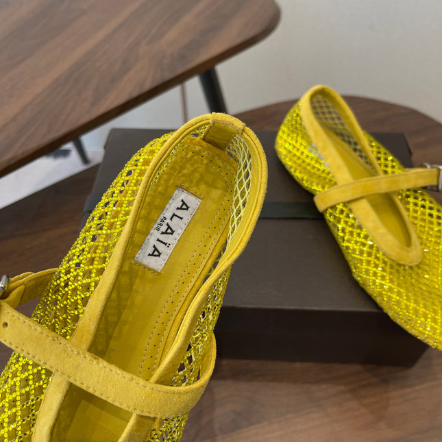 ALAIA 26S MESH FLATS IN DARK YELLOW SUEDE RHINESTONE-EMBELLISHED