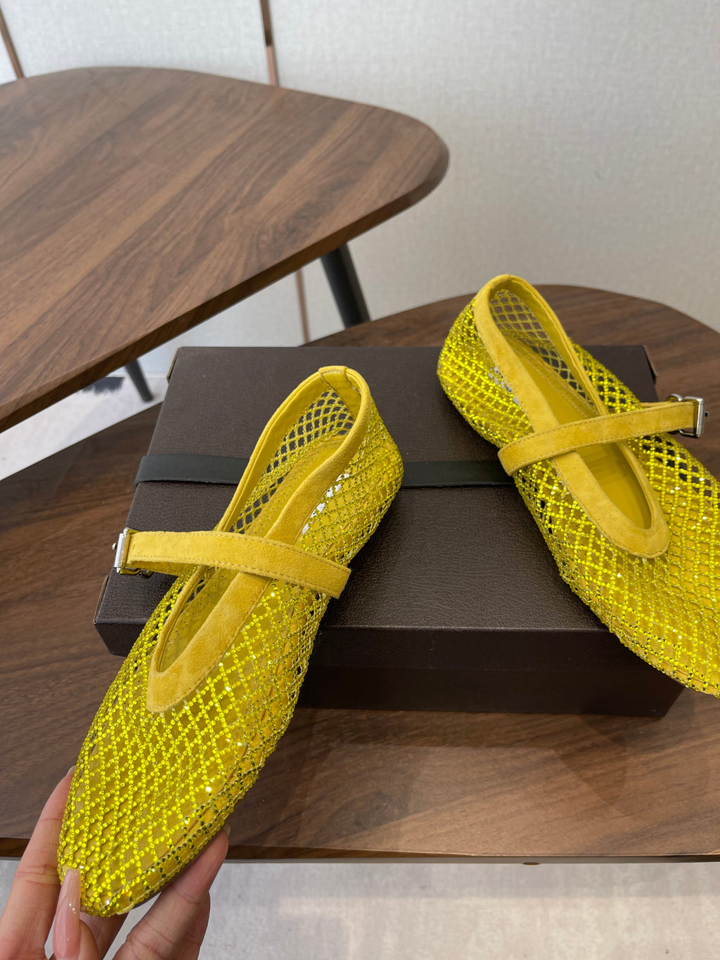 ALAIA 26S MESH FLATS IN DARK YELLOW SUEDE RHINESTONE-EMBELLISHED