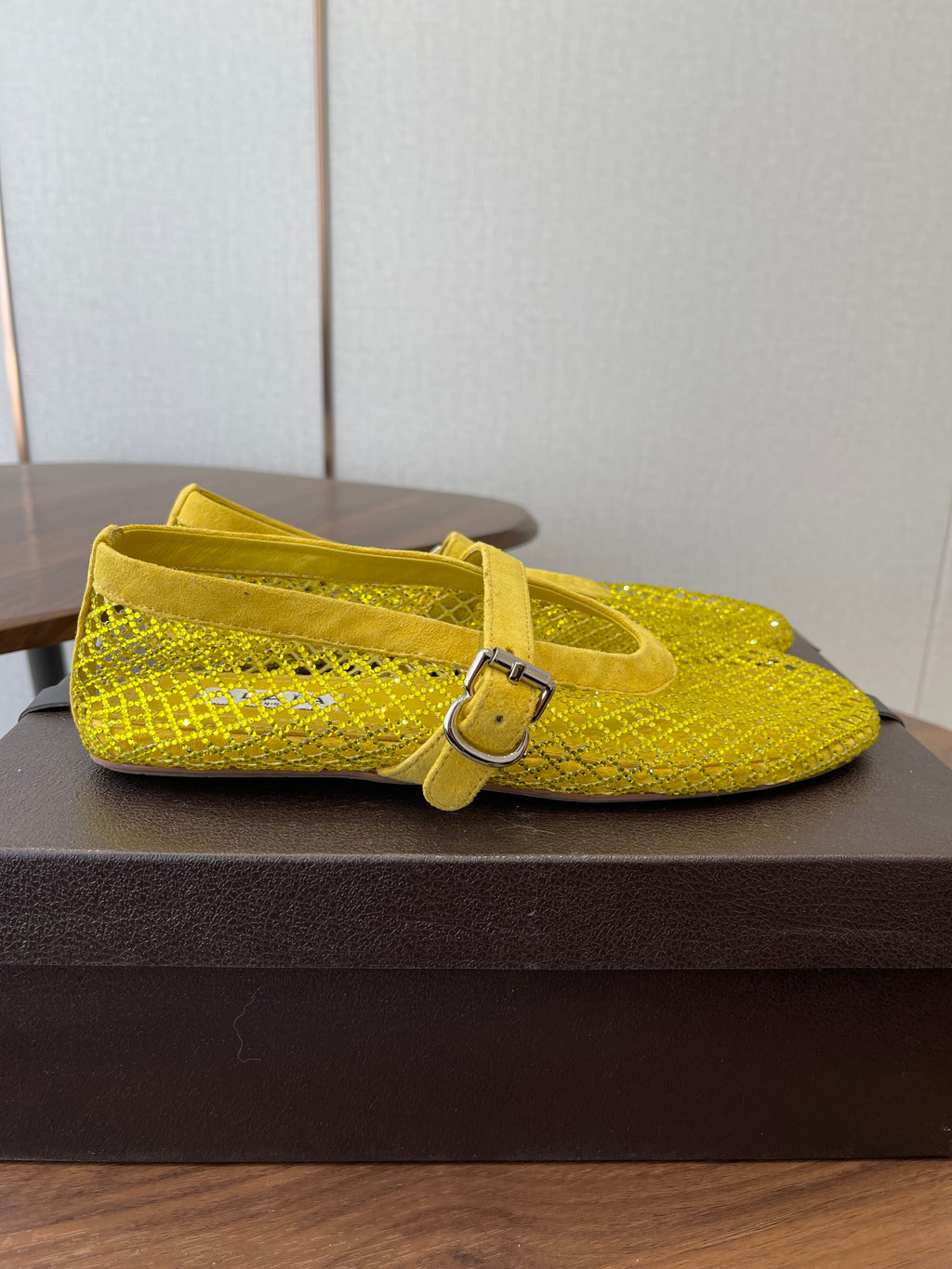 ALAIA 26S MESH FLATS IN DARK YELLOW SUEDE RHINESTONE-EMBELLISHED