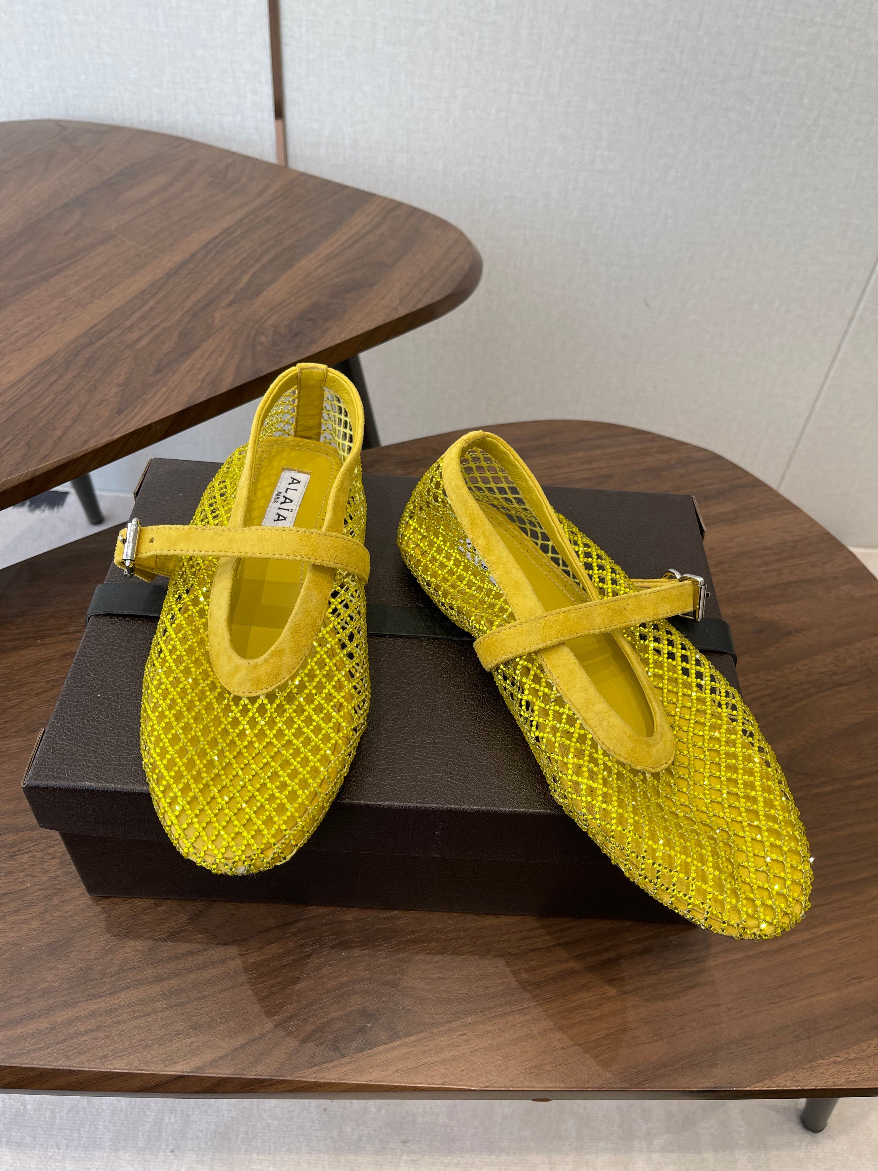 ALAIA 26S MESH FLATS IN DARK YELLOW SUEDE RHINESTONE-EMBELLISHED