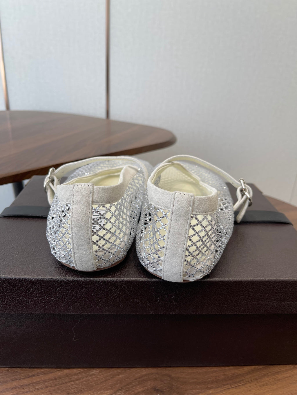 ALAIA 26S MESH FLATS IN WHITE SUEDE RHINESTONE-EMBELLISHED