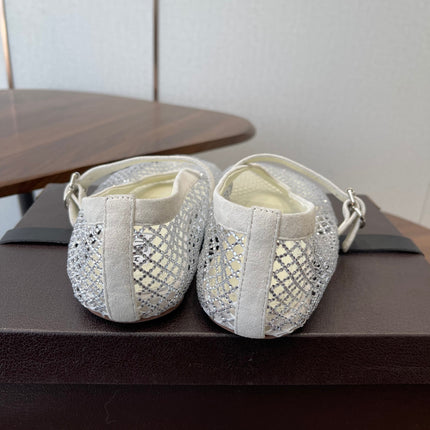 ALAIA 26S MESH FLATS IN WHITE SUEDE RHINESTONE-EMBELLISHED