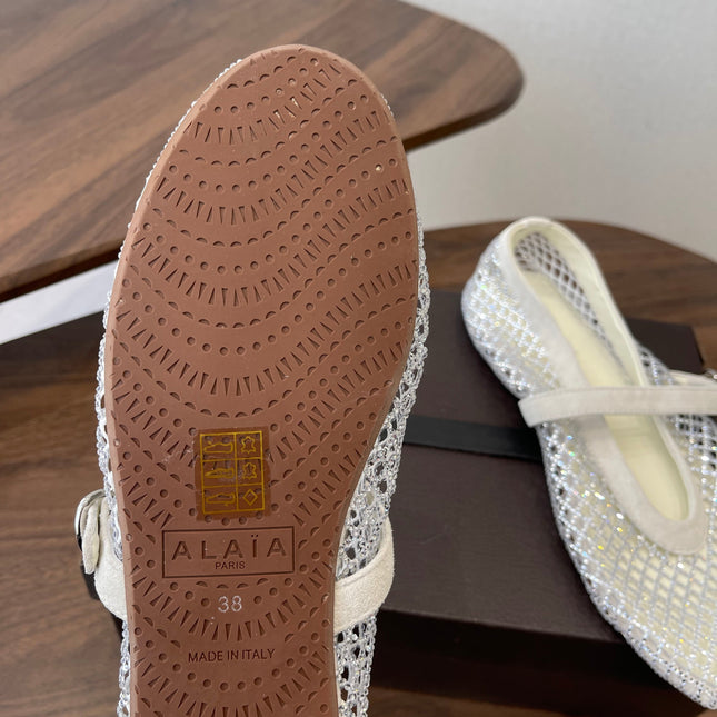 ALAIA 26S MESH FLATS IN WHITE SUEDE RHINESTONE-EMBELLISHED