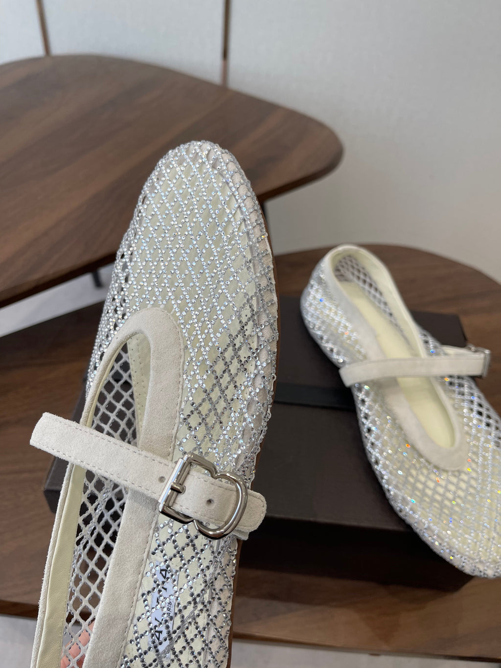 ALAIA 26S MESH FLATS IN WHITE SUEDE RHINESTONE-EMBELLISHED