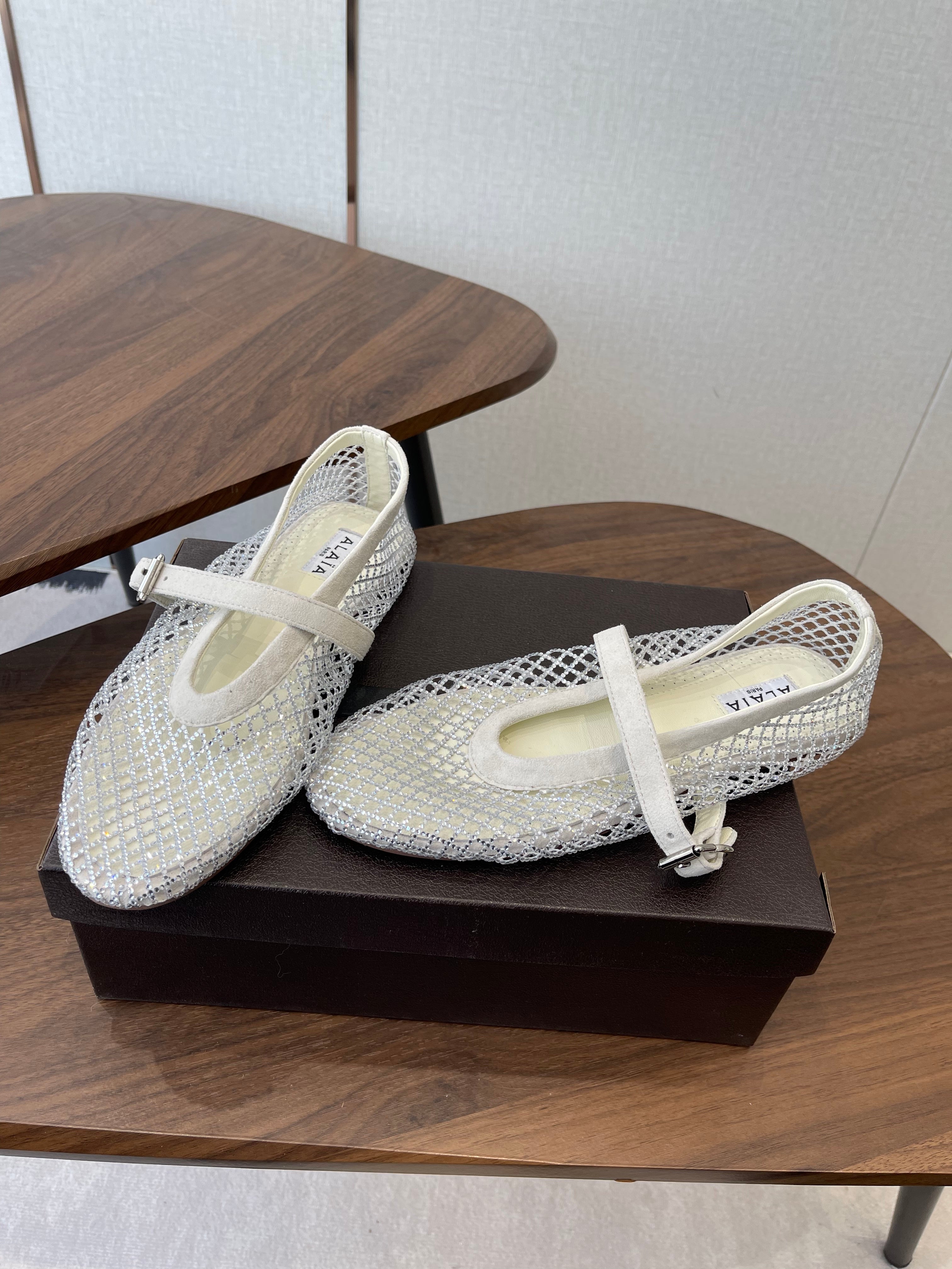 ALAIA 26S MESH FLATS IN WHITE SUEDE RHINESTONE-EMBELLISHED