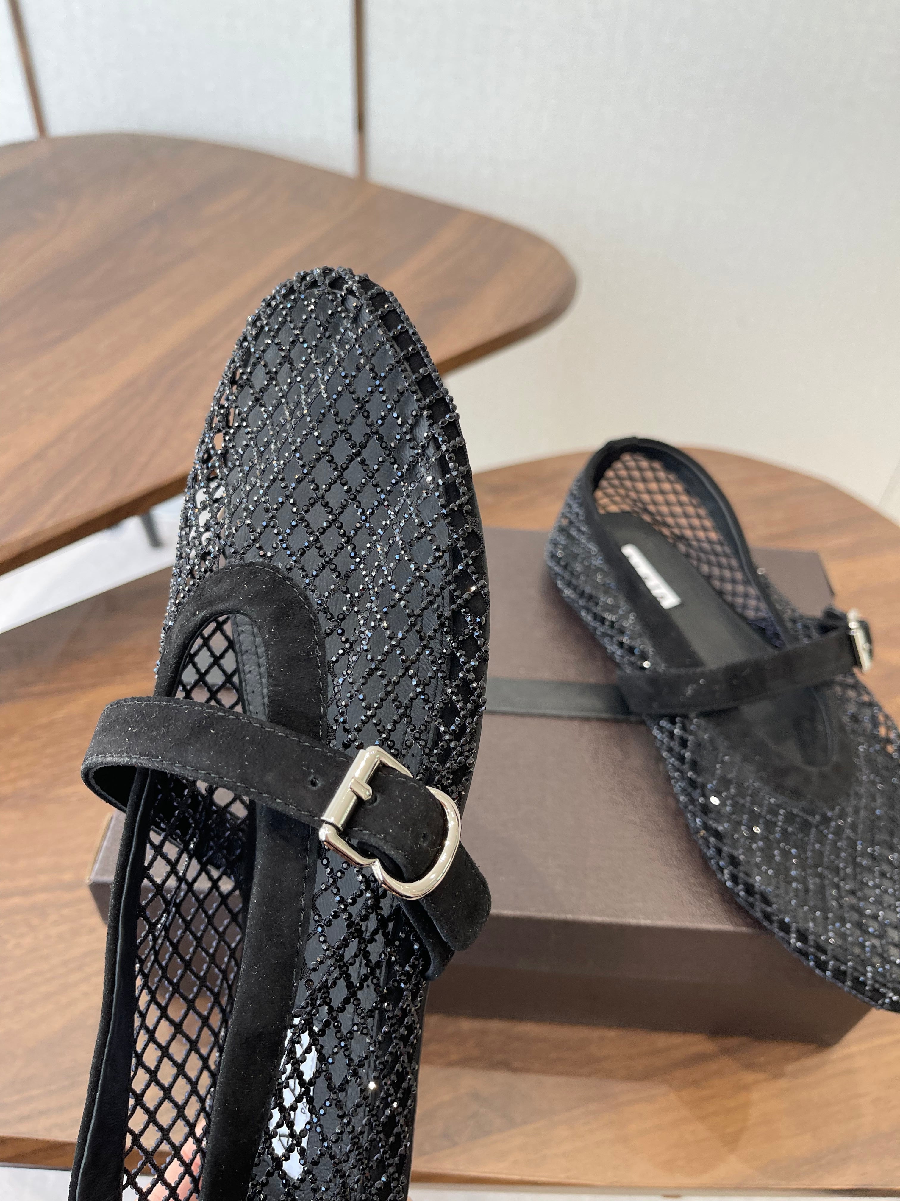 ALAIA 26S MESH FLATS IN BLACK SUEDE RHINESTONE-EMBELLISHED