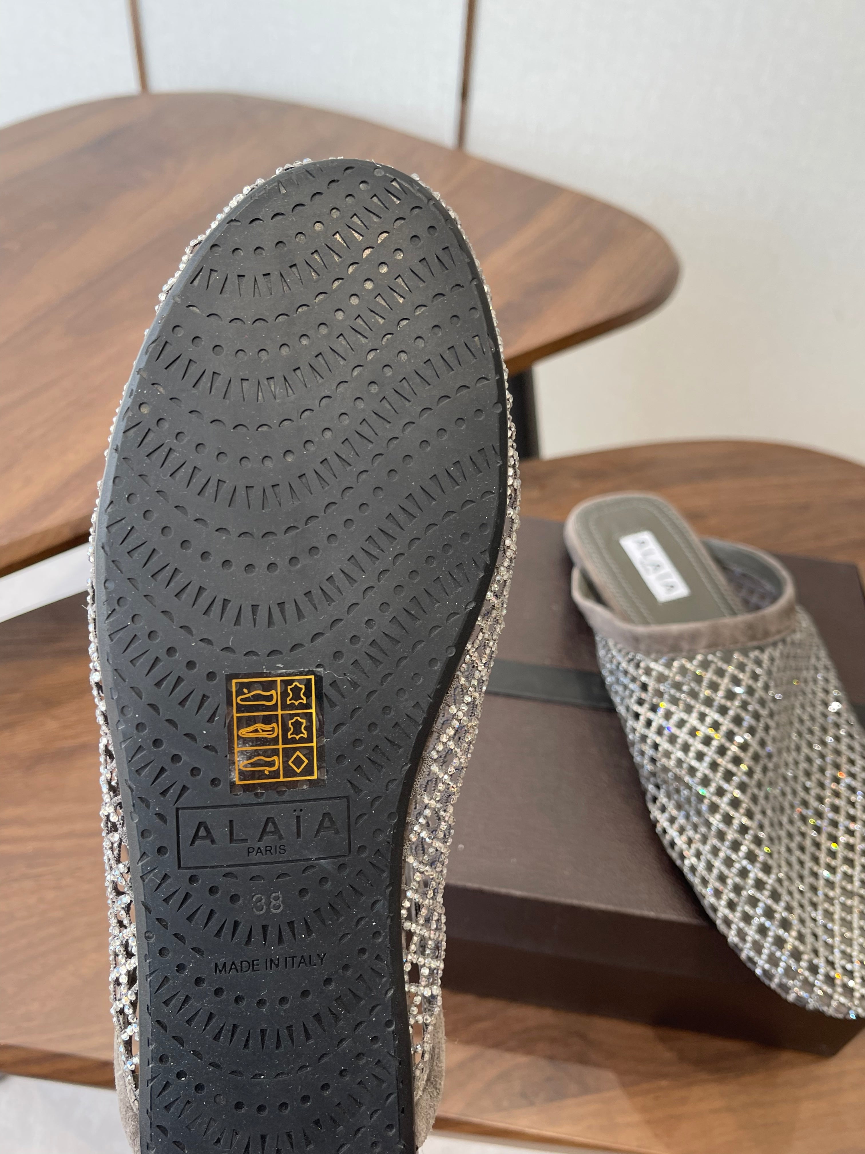 ALAIA 26S FLAT MULES IN DARK GREY SUEDE AND MESH RHINESTONE-EMBELLISHED
