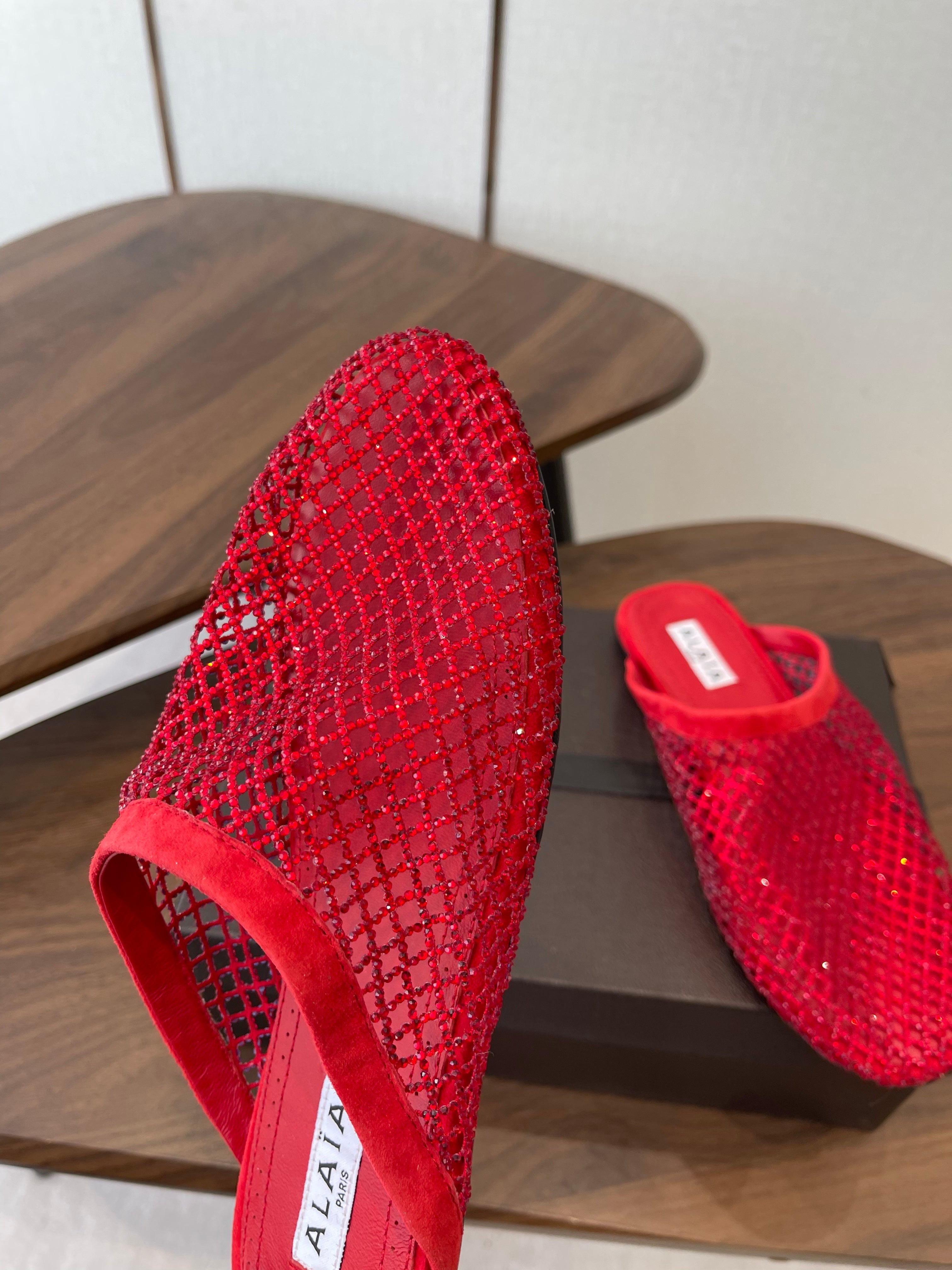 ALAIA 26S FLAT MULES IN RED SUEDE AND MESH RHINESTONE-EMBELLISHED