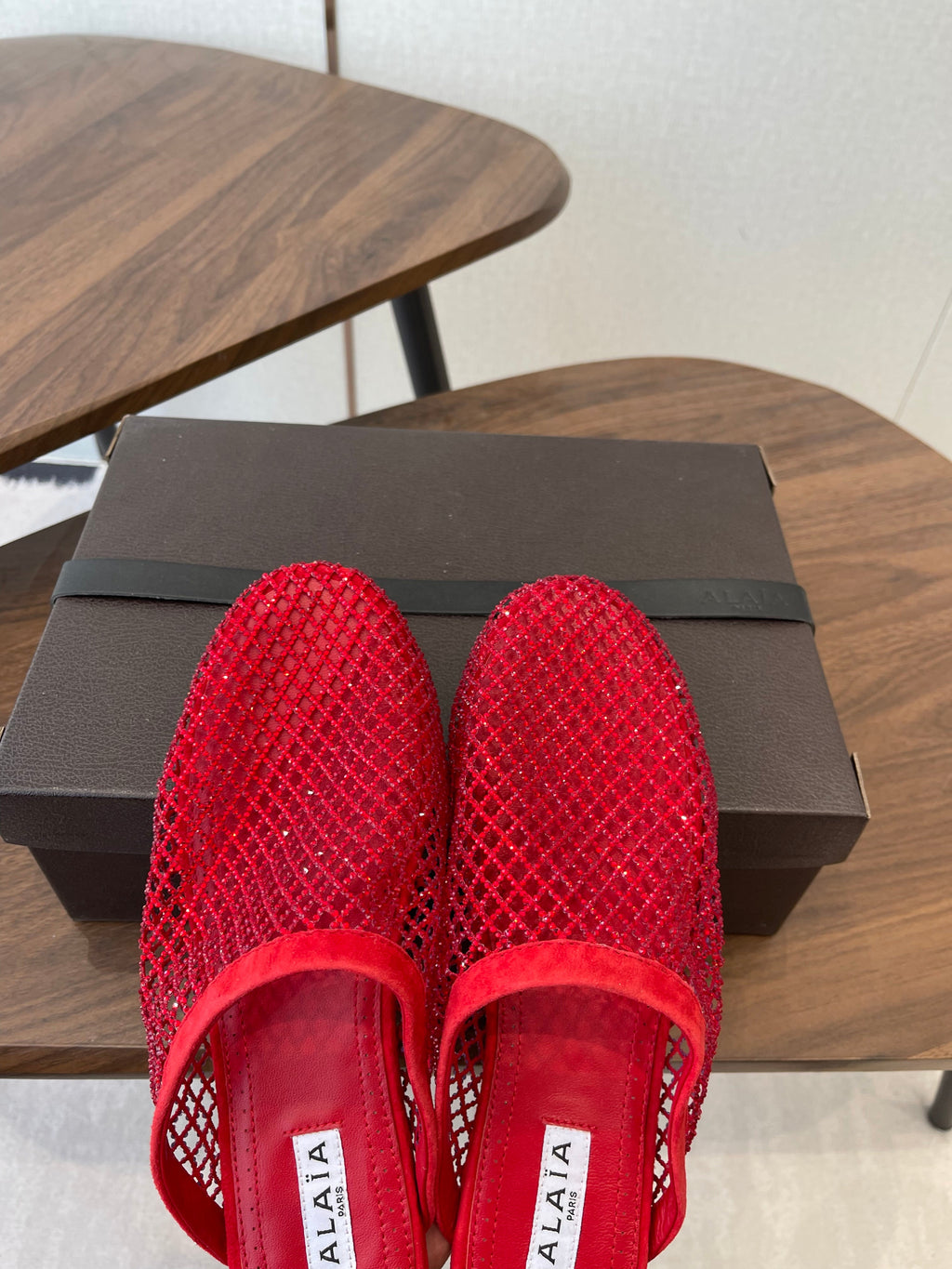ALAIA 26S FLAT MULES IN RED SUEDE AND MESH RHINESTONE-EMBELLISHED