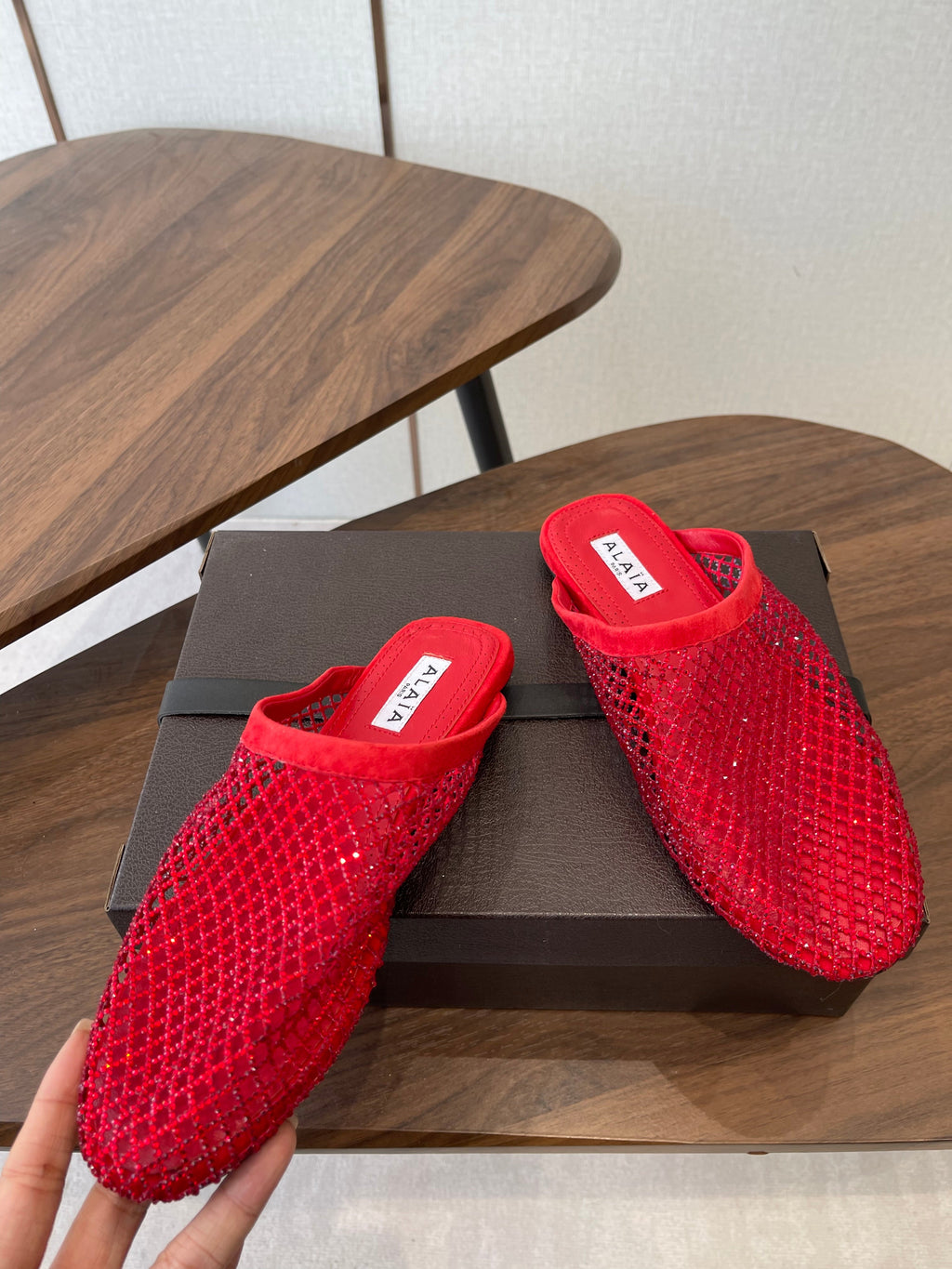 ALAIA 26S FLAT MULES IN RED SUEDE AND MESH RHINESTONE-EMBELLISHED