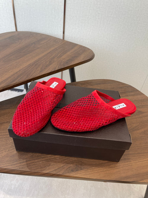 ALAIA 26S FLAT MULES IN RED SUEDE AND MESH RHINESTONE-EMBELLISHED