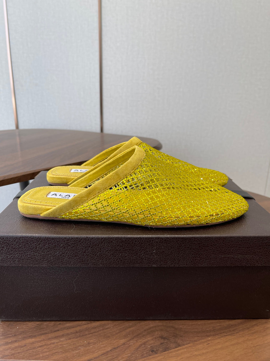 ALAIA 26S FLAT MULES IN DARK YELLOW SUEDE AND MESH RHINESTONE-EMBELLISHED