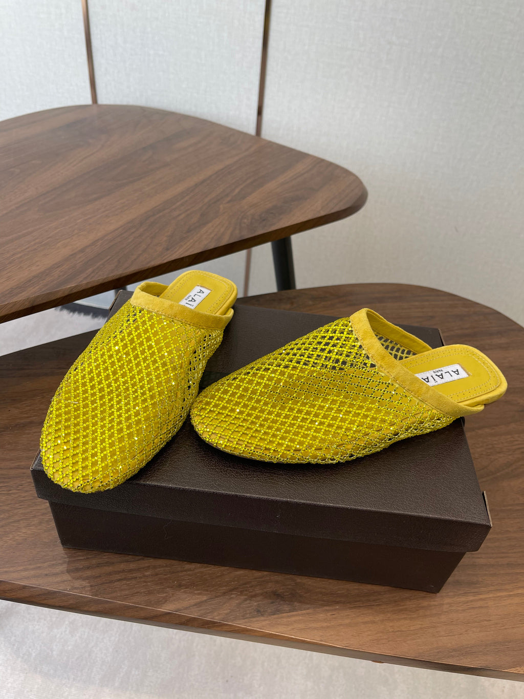 ALAIA 26S FLAT MULES IN DARK YELLOW SUEDE AND MESH RHINESTONE-EMBELLISHED