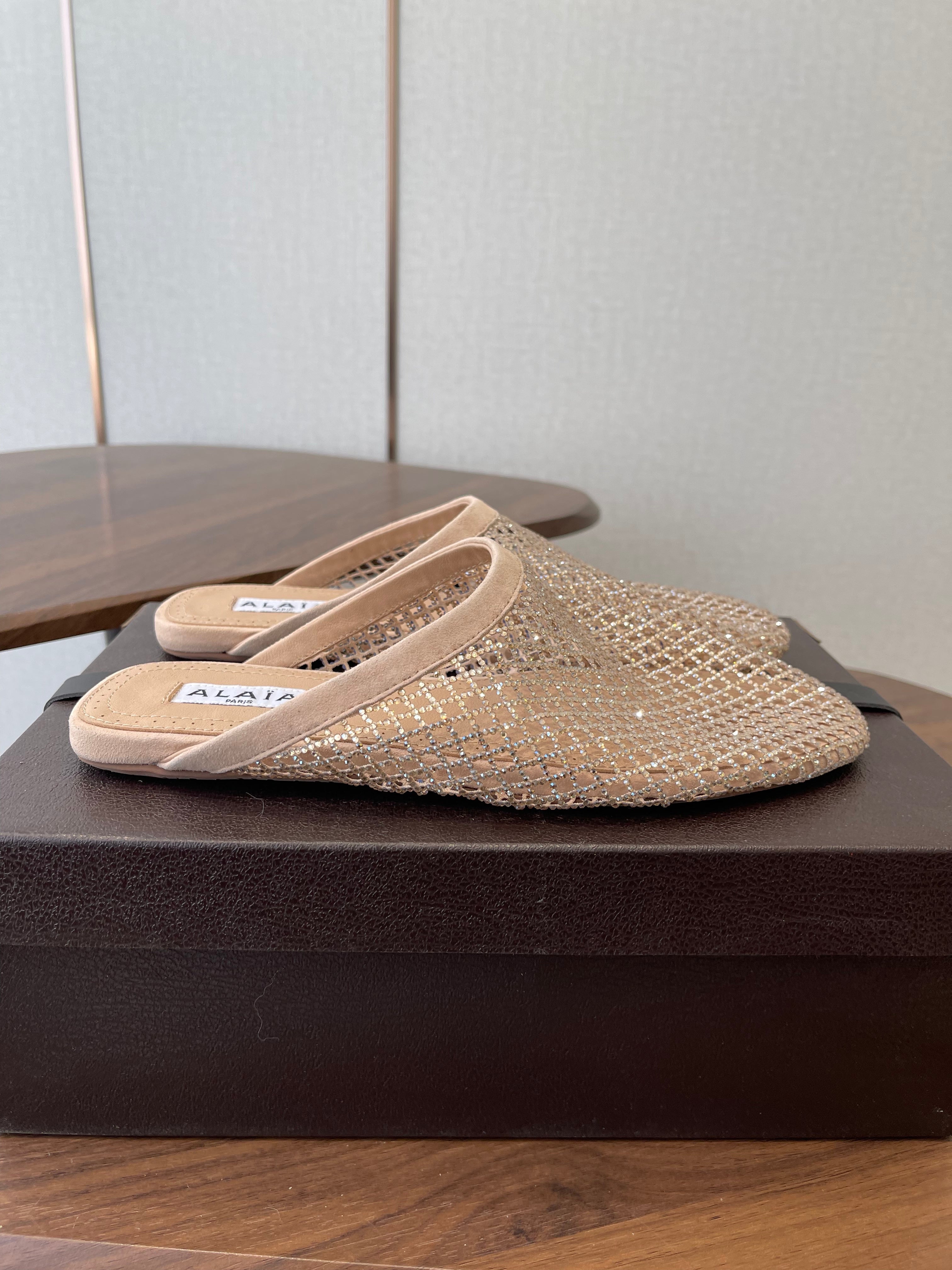 ALAIA 26S FLAT MULES IN BEIGE SUEDE AND MESH RHINESTONE-EMBELLISHED