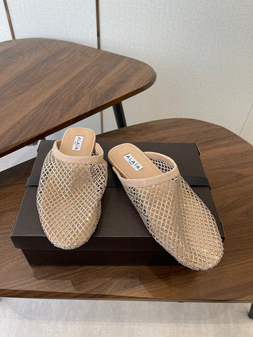 ALAIA 26S FLAT MULES IN BEIGE SUEDE AND MESH RHINESTONE-EMBELLISHED