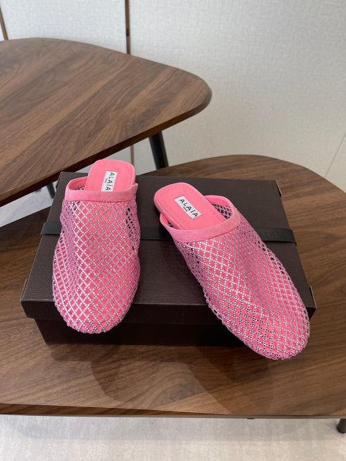 ALAIA 26S FLAT MULES IN PINK SUEDE AND MESH RHINESTONE-EMBELLISHED