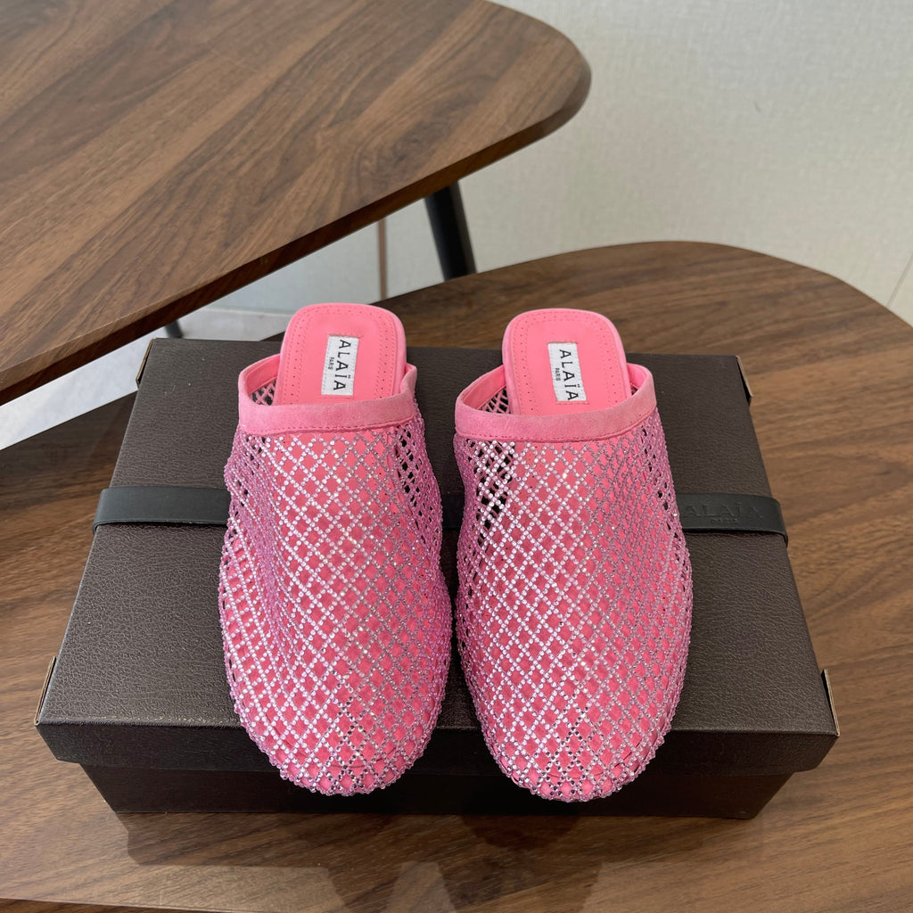 ALAIA 26S FLAT MULES IN PINK SUEDE AND MESH RHINESTONE-EMBELLISHED