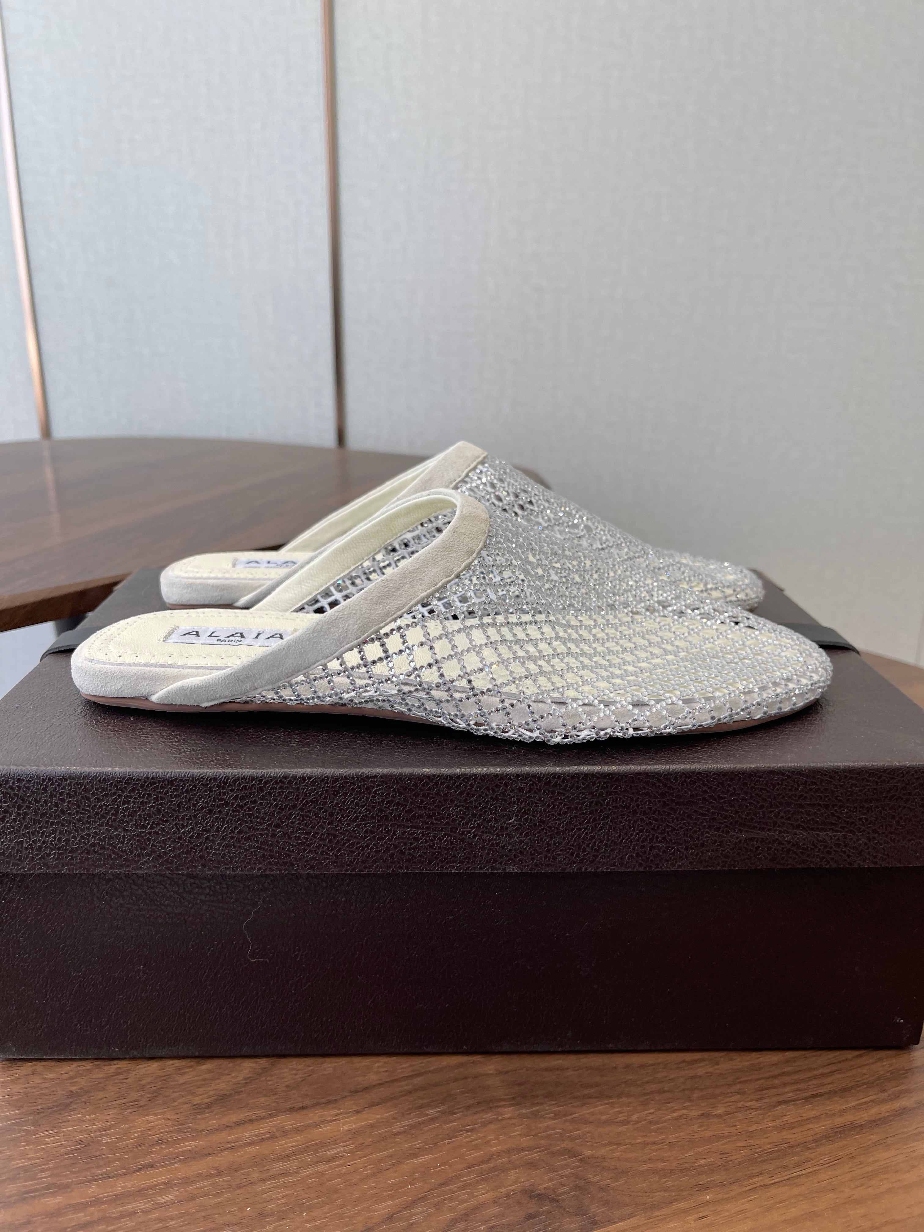 ALAIA 26S FLAT MULES IN CREAM WHITE SUEDE AND MESH RHINESTONE-EMBELLISHED