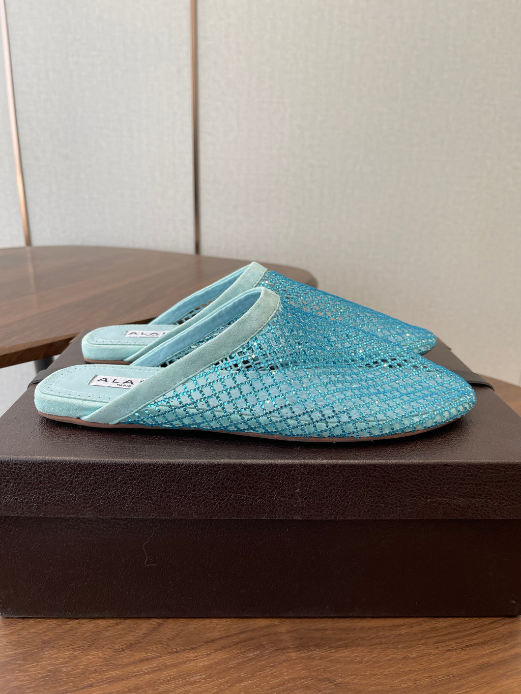 ALAIA 26S FLAT MULES IN BLUE SUEDE AND MESH RHINESTONE-EMBELLISHED