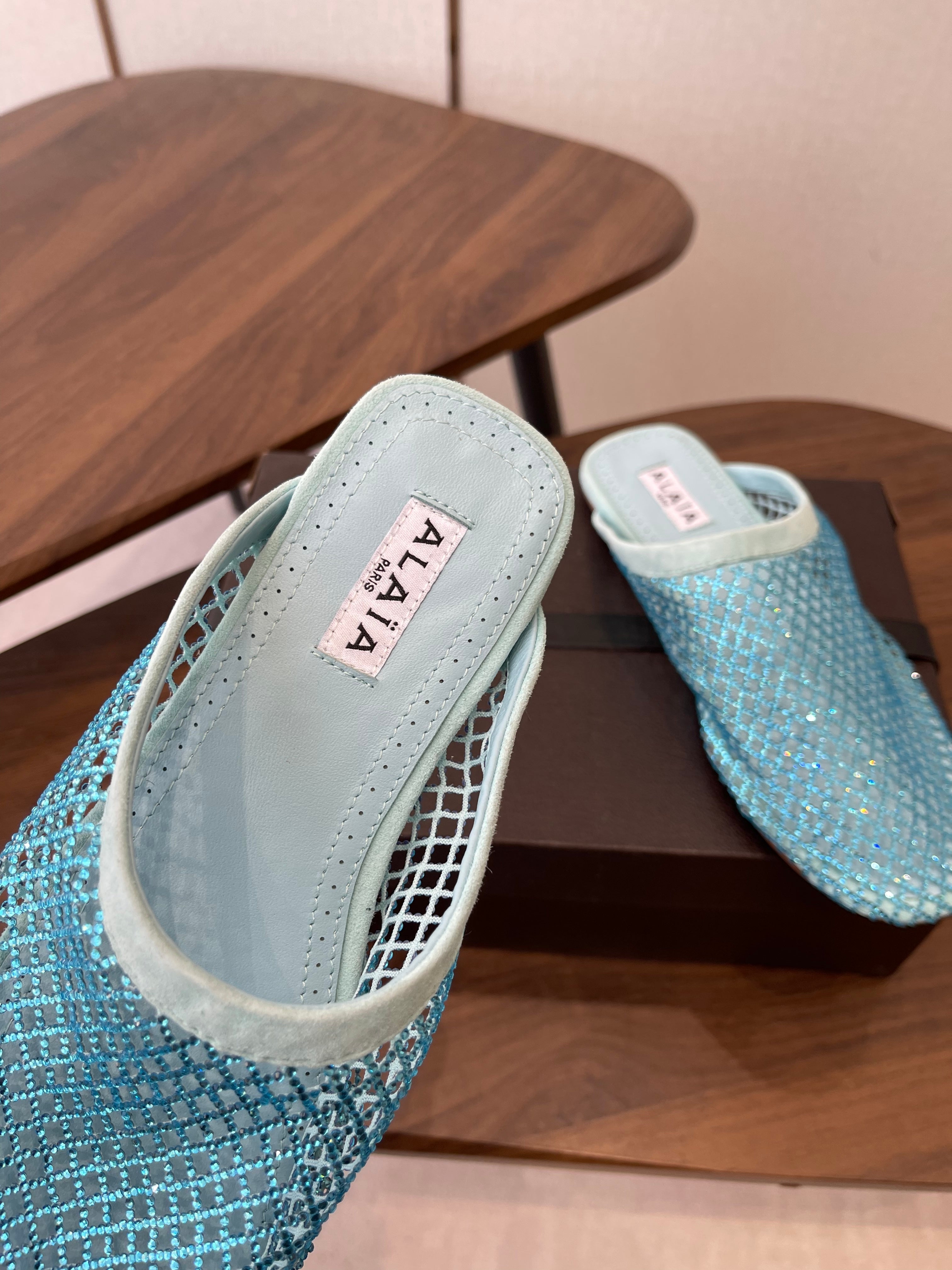 ALAIA 26S FLAT MULES IN BLUE SUEDE AND MESH RHINESTONE-EMBELLISHED