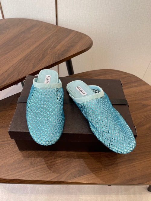 ALAIA 26S FLAT MULES IN BLUE SUEDE AND MESH RHINESTONE-EMBELLISHED