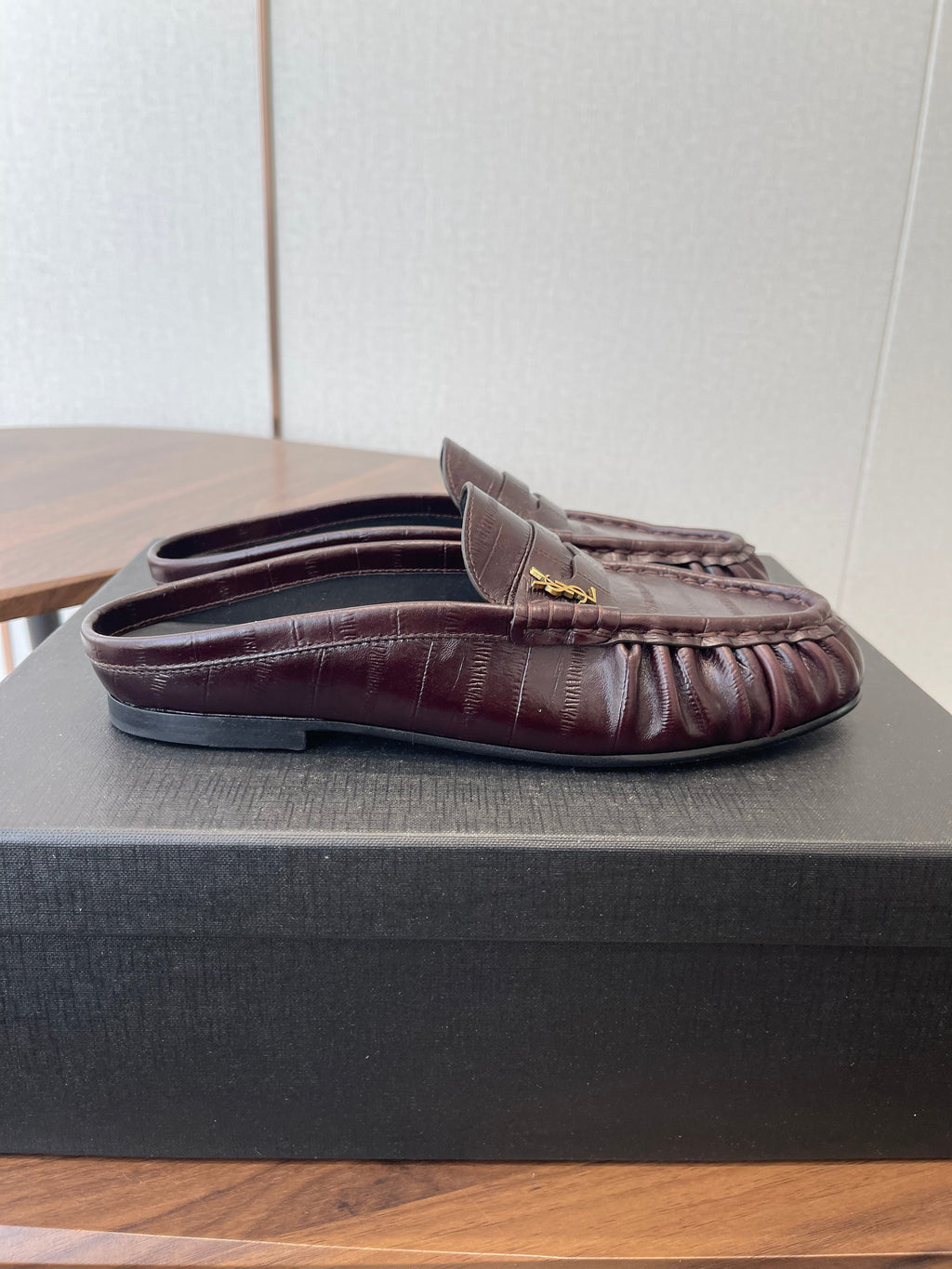 YSL 26S LOAFER MULES IN DARK RED BROWN CALFSKIN
