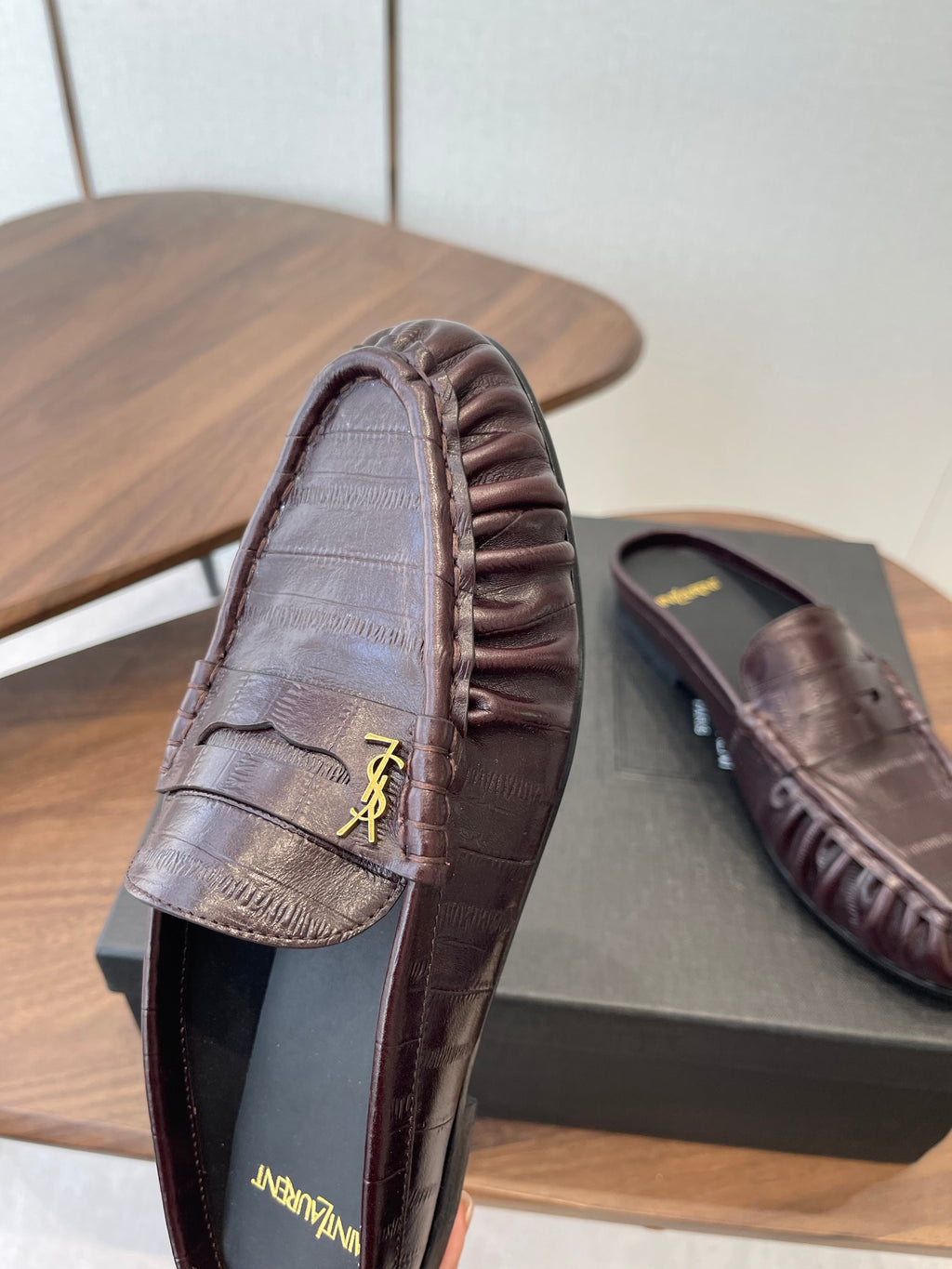 YSL 26S LOAFER MULES IN DARK RED BROWN CALFSKIN