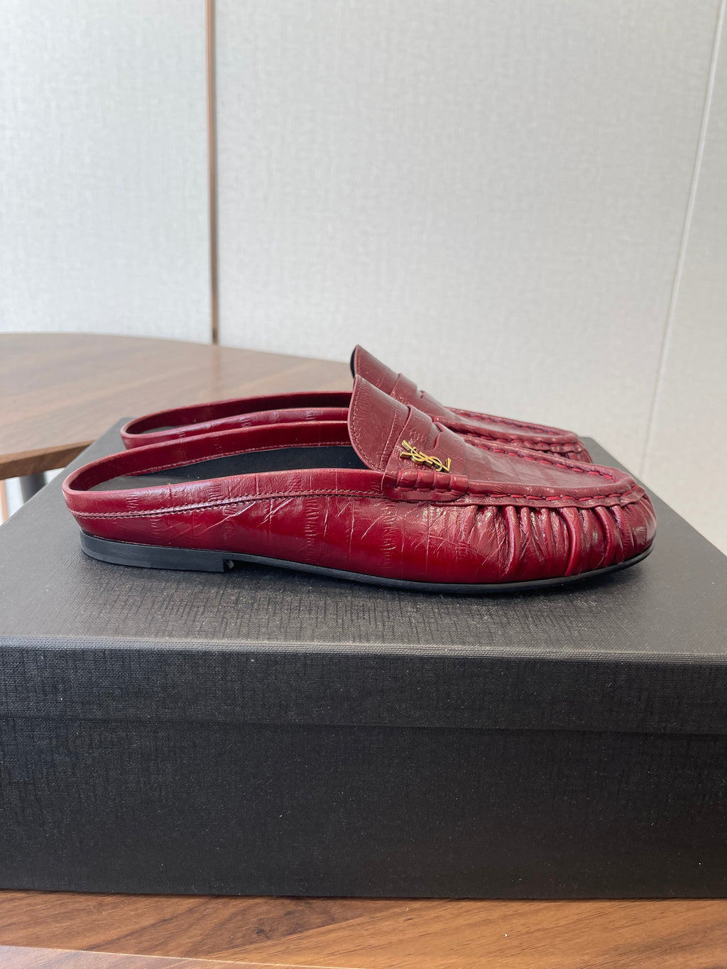 YSL 26S LOAFER MULES IN DARK RED CALFSKIN