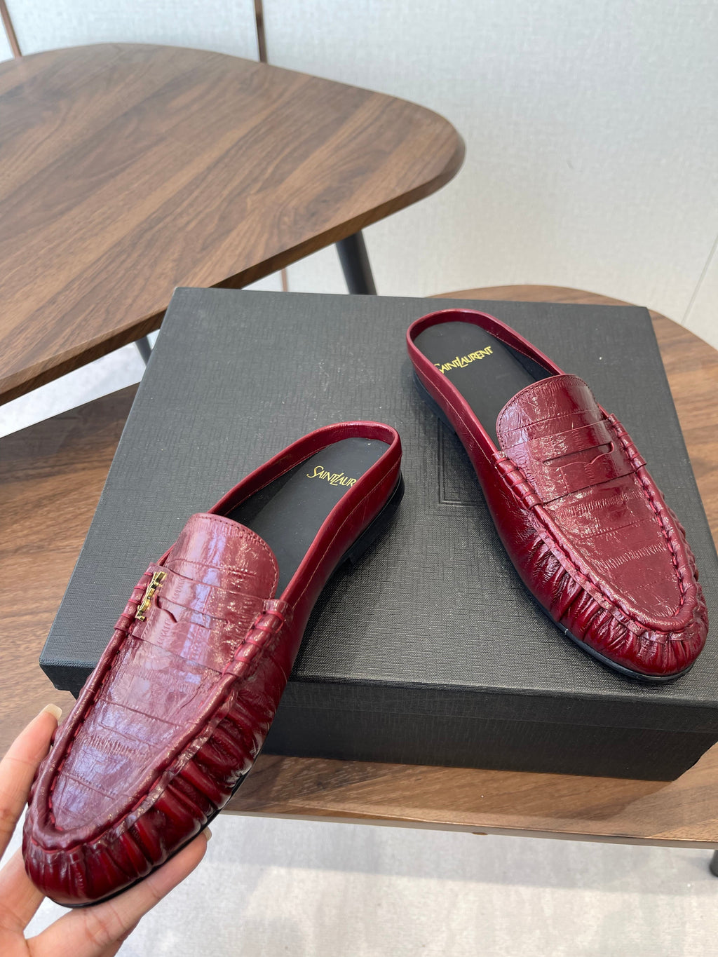 YSL 26S LOAFER MULES IN DARK RED CALFSKIN