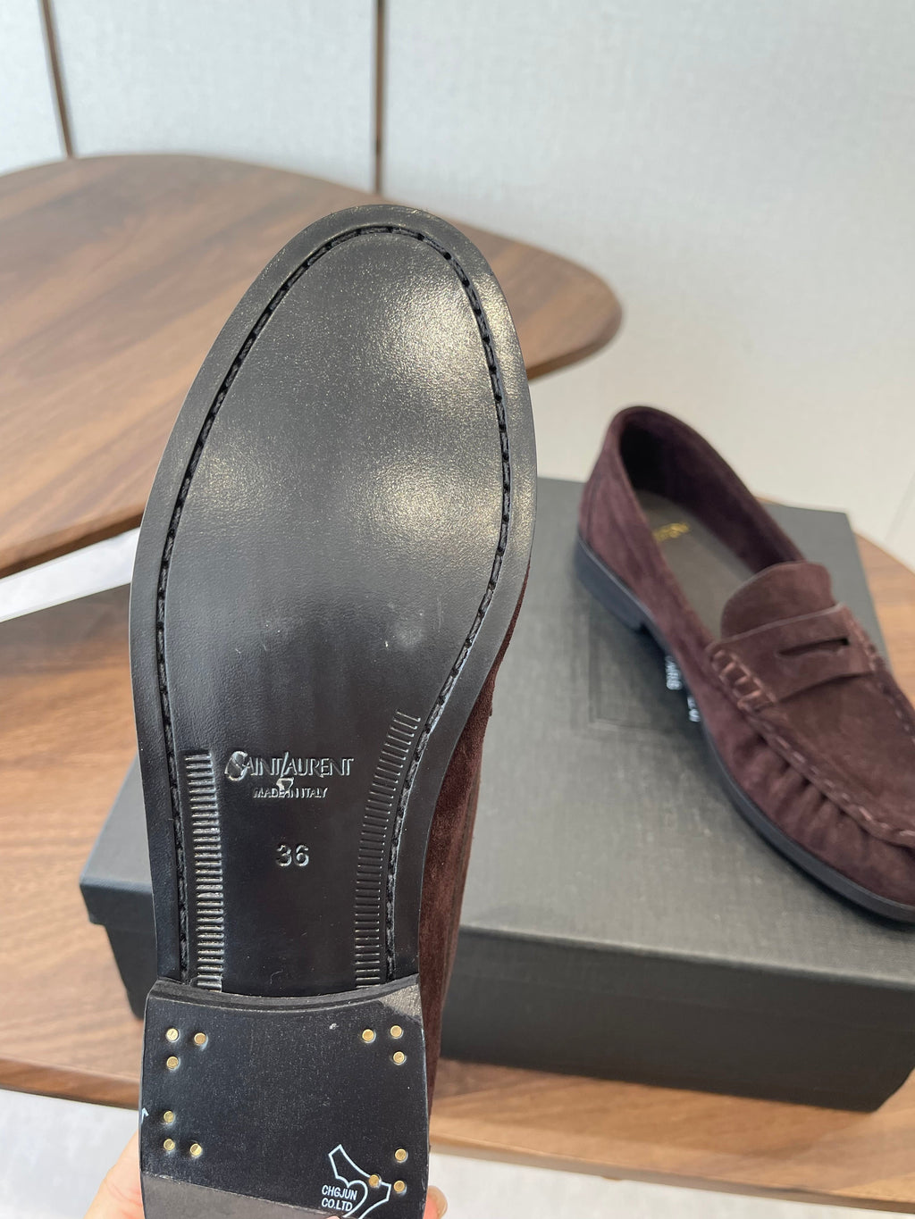 YSL 26S LOAFER IN DARK PLUM BROWN SUEDE
