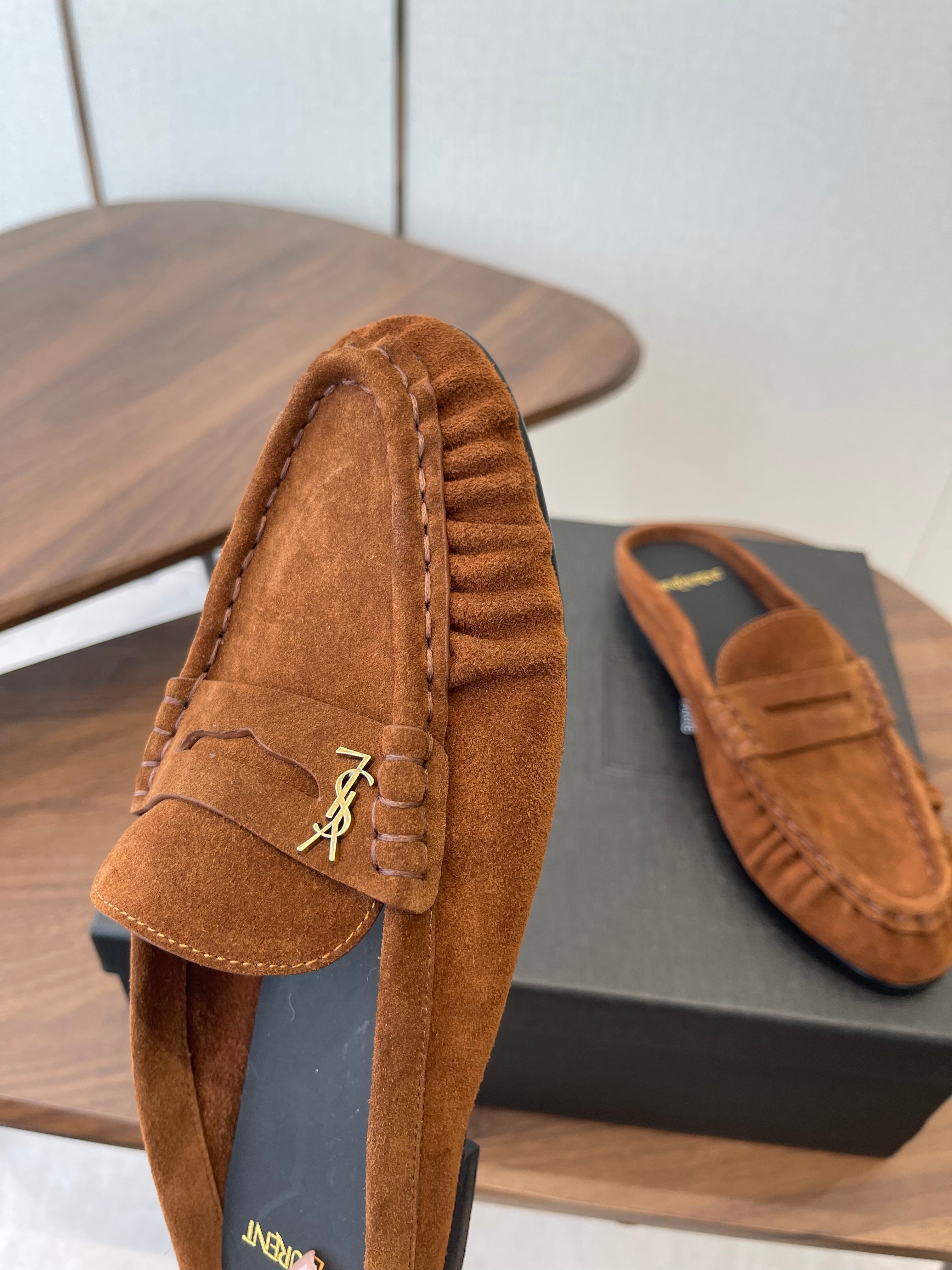 YSL 26S LOAFER MULES IN BURNT ORANGE BROWN SUEDE