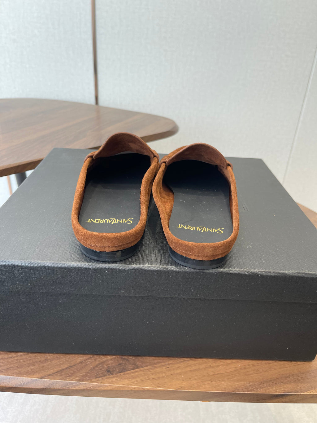 YSL 26S LOAFER MULES IN BURNT ORANGE BROWN SUEDE