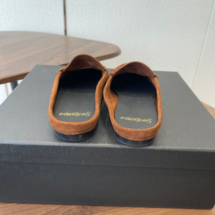 YSL 26S LOAFER MULES IN BURNT ORANGE BROWN SUEDE