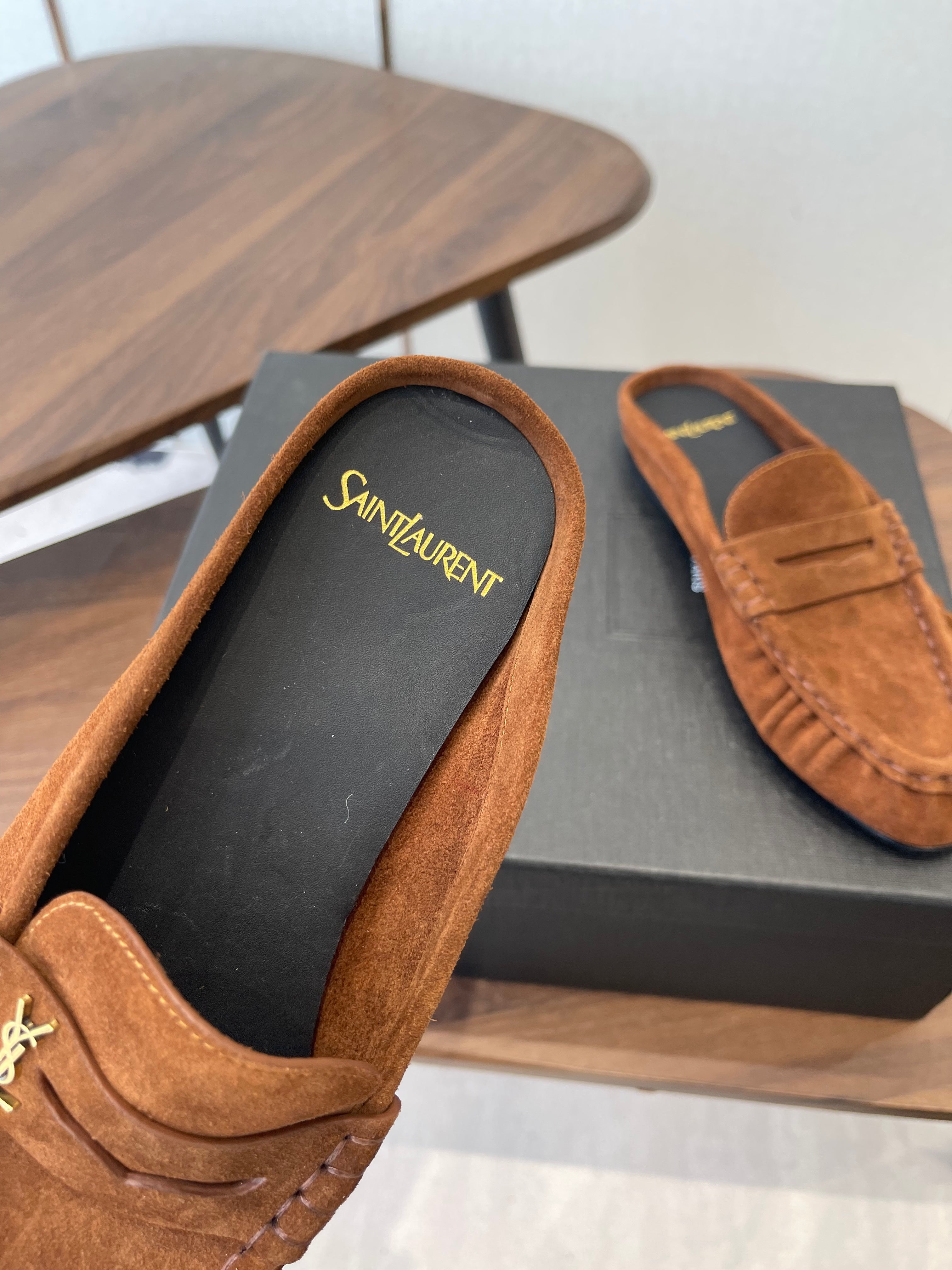 YSL 26S LOAFER MULES IN BURNT ORANGE BROWN SUEDE