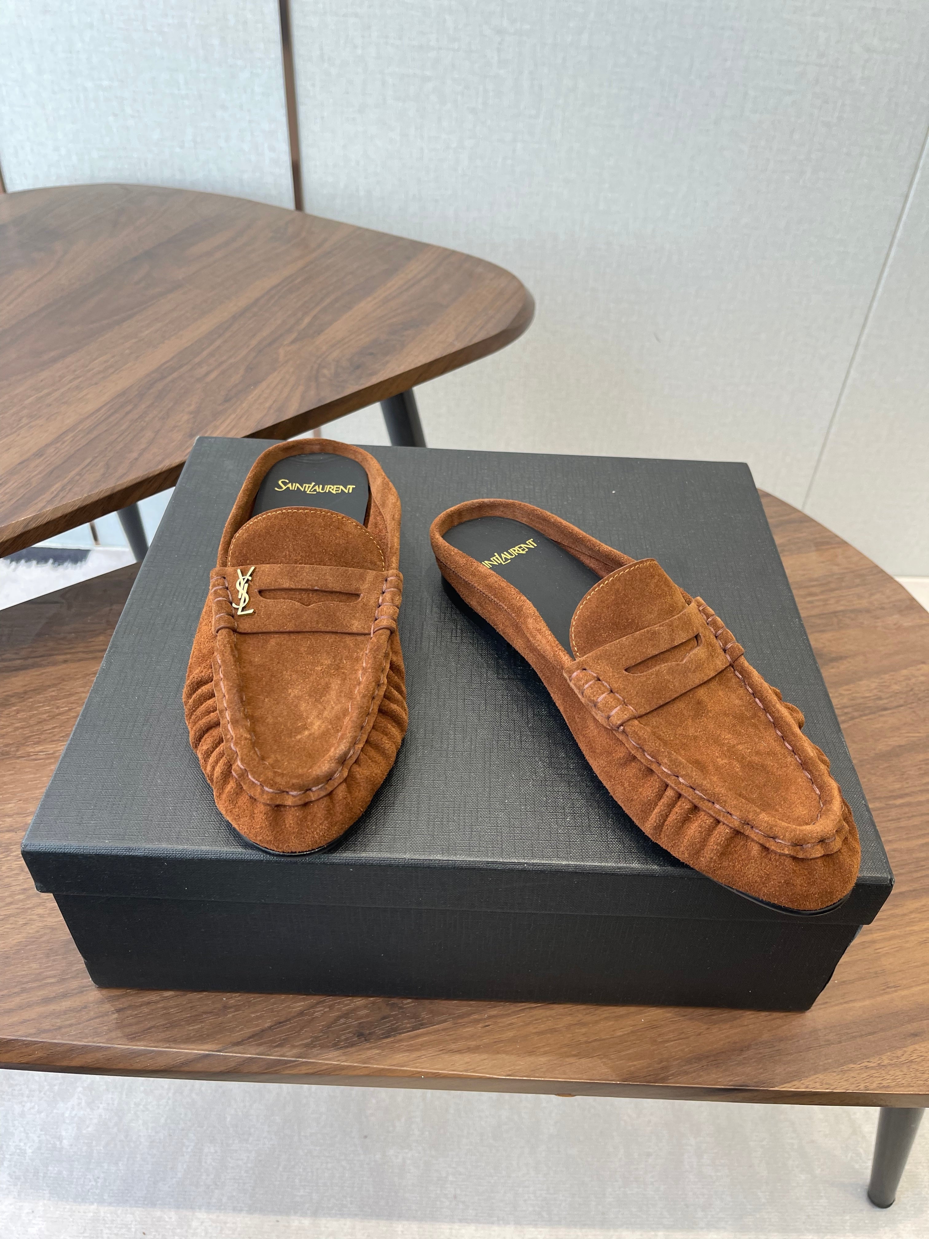 YSL 26S LOAFER MULES IN BURNT ORANGE BROWN SUEDE
