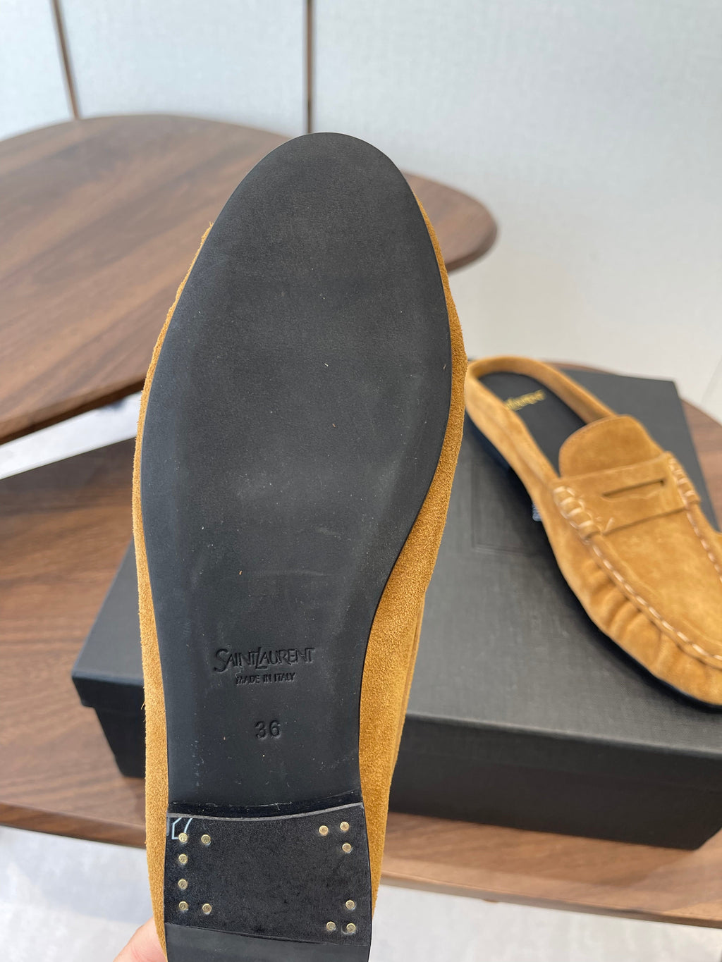 YSL 26S LOAFER MULES IN CAMEL BROWN SUEDE
